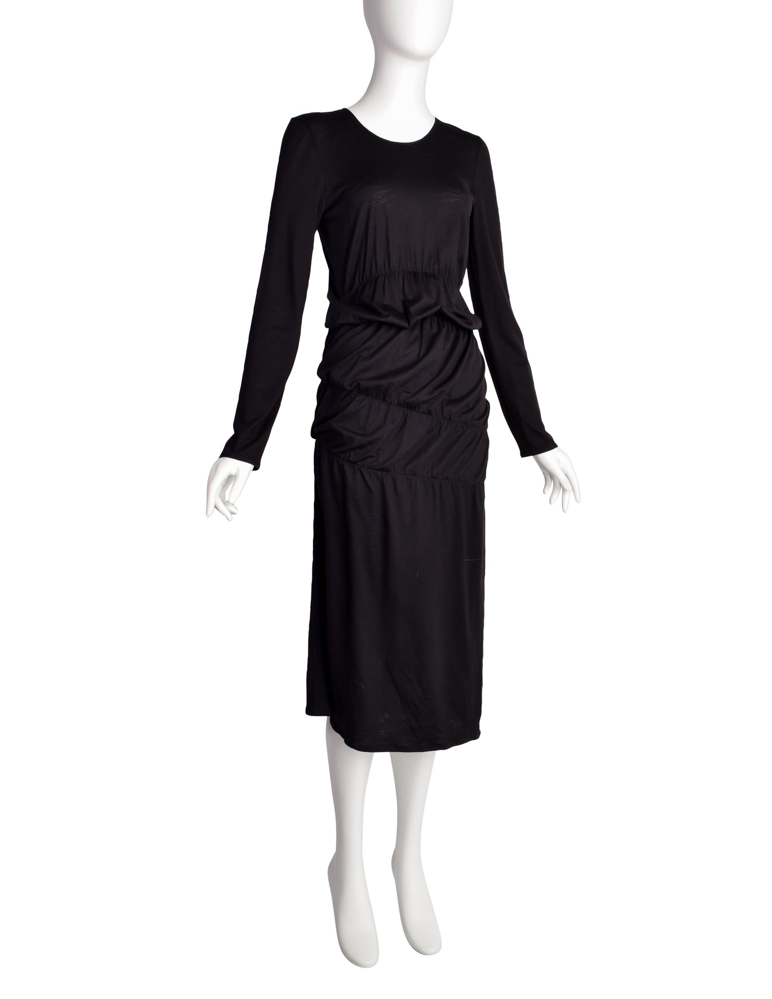 Helmut Lang Vintage Black Cotton Jersey Long Sleeve Ruched Scrunch Dress