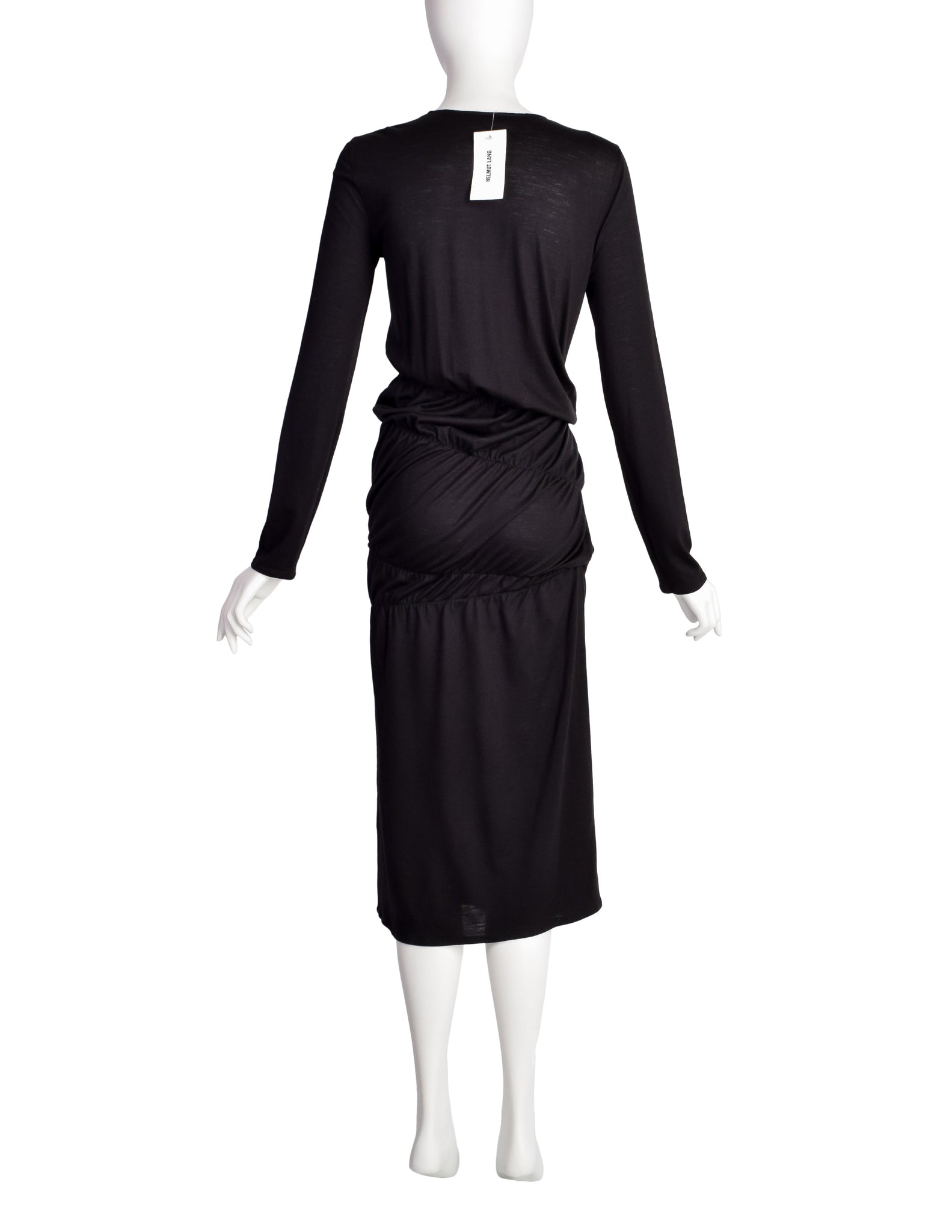 Helmut Lang Vintage Black Cotton Jersey Long Sleeve Ruched Scrunch Dress