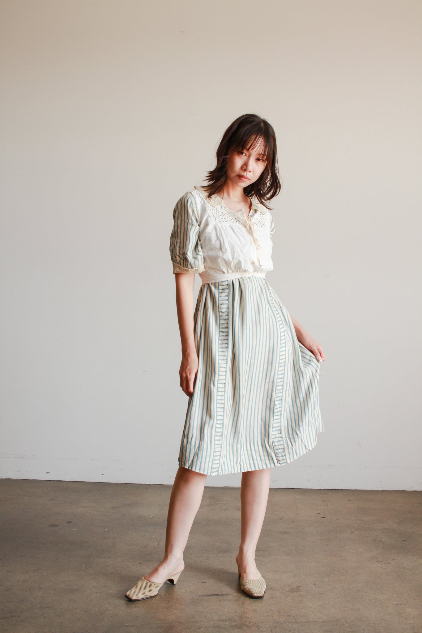 1920s Striped Robin's Blue Silk Dress