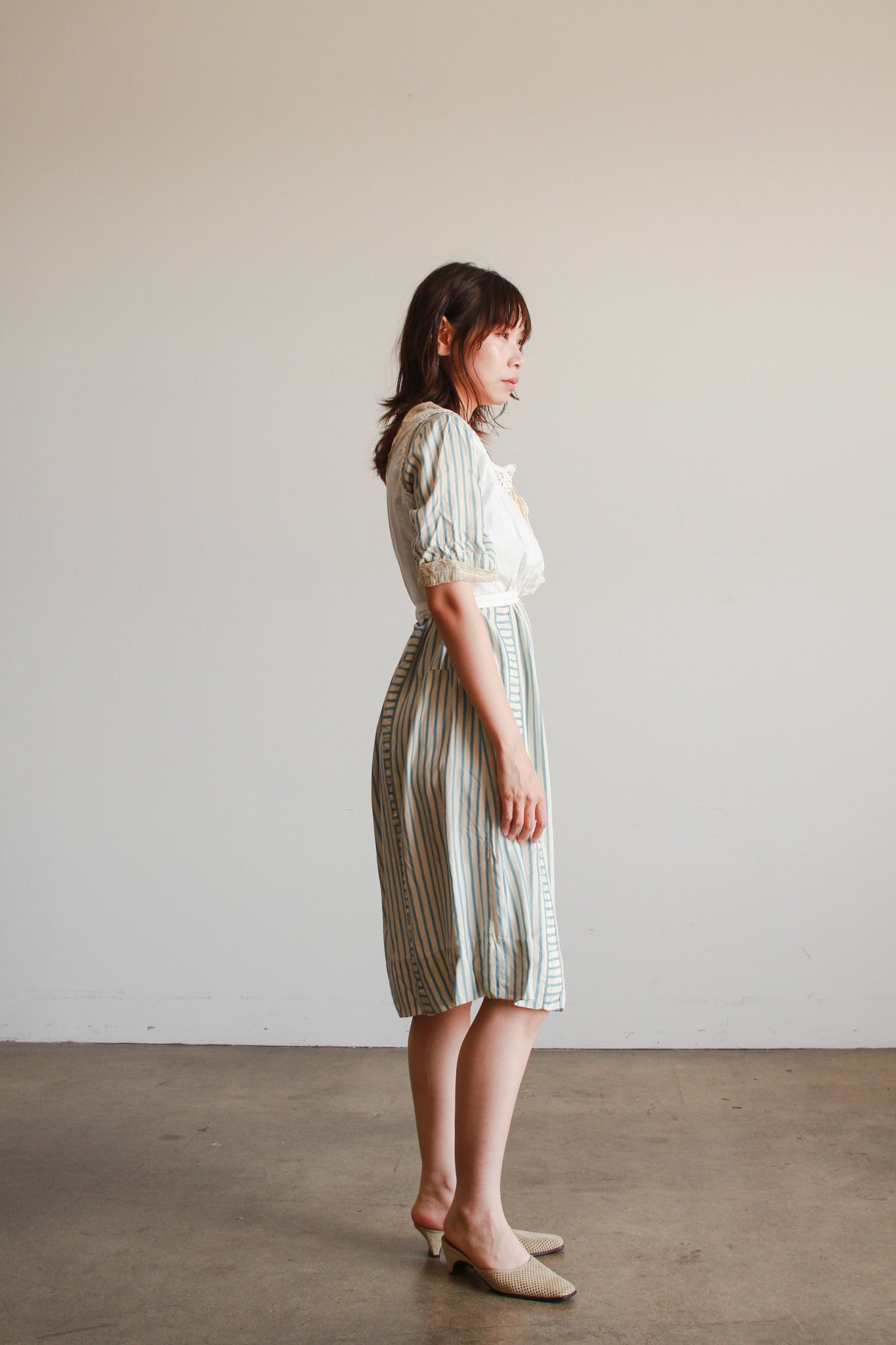 1920s Striped Robin's Blue Silk Dress