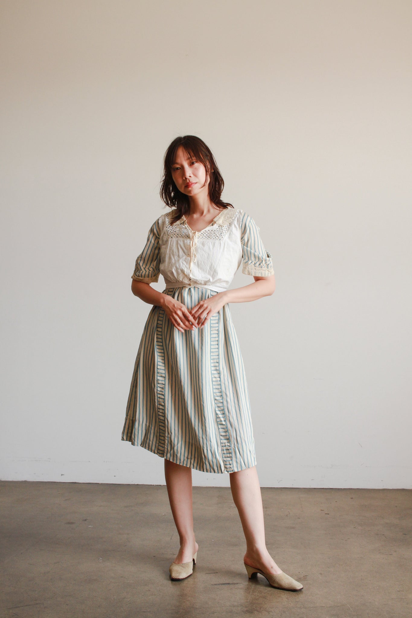 1920s Striped Robin's Blue Silk Dress