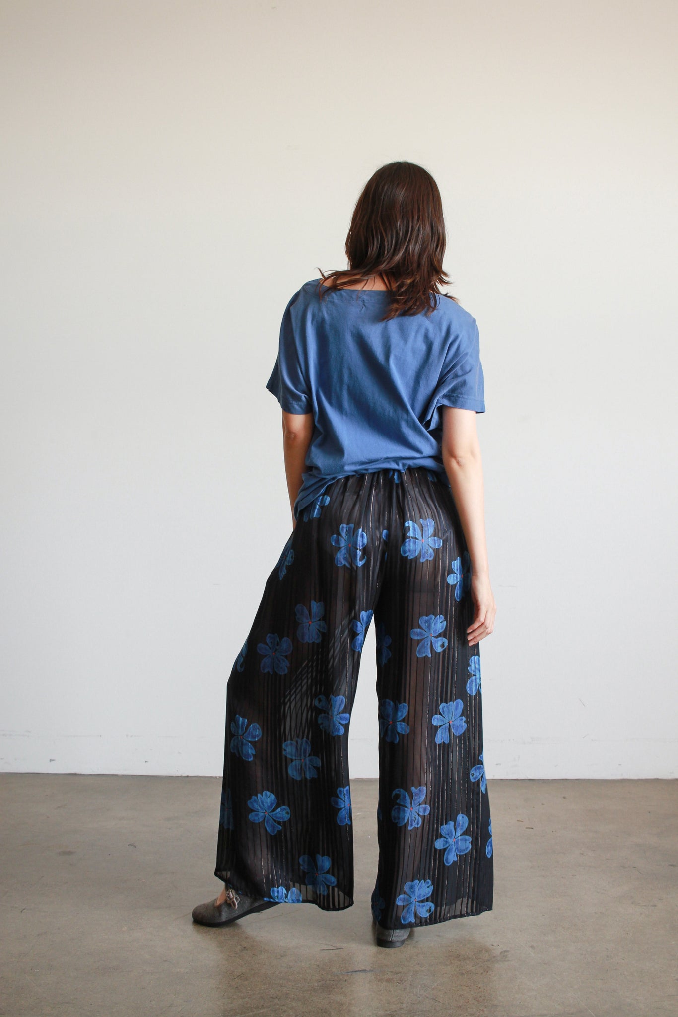 1980s Black Silk Floral Print Pants