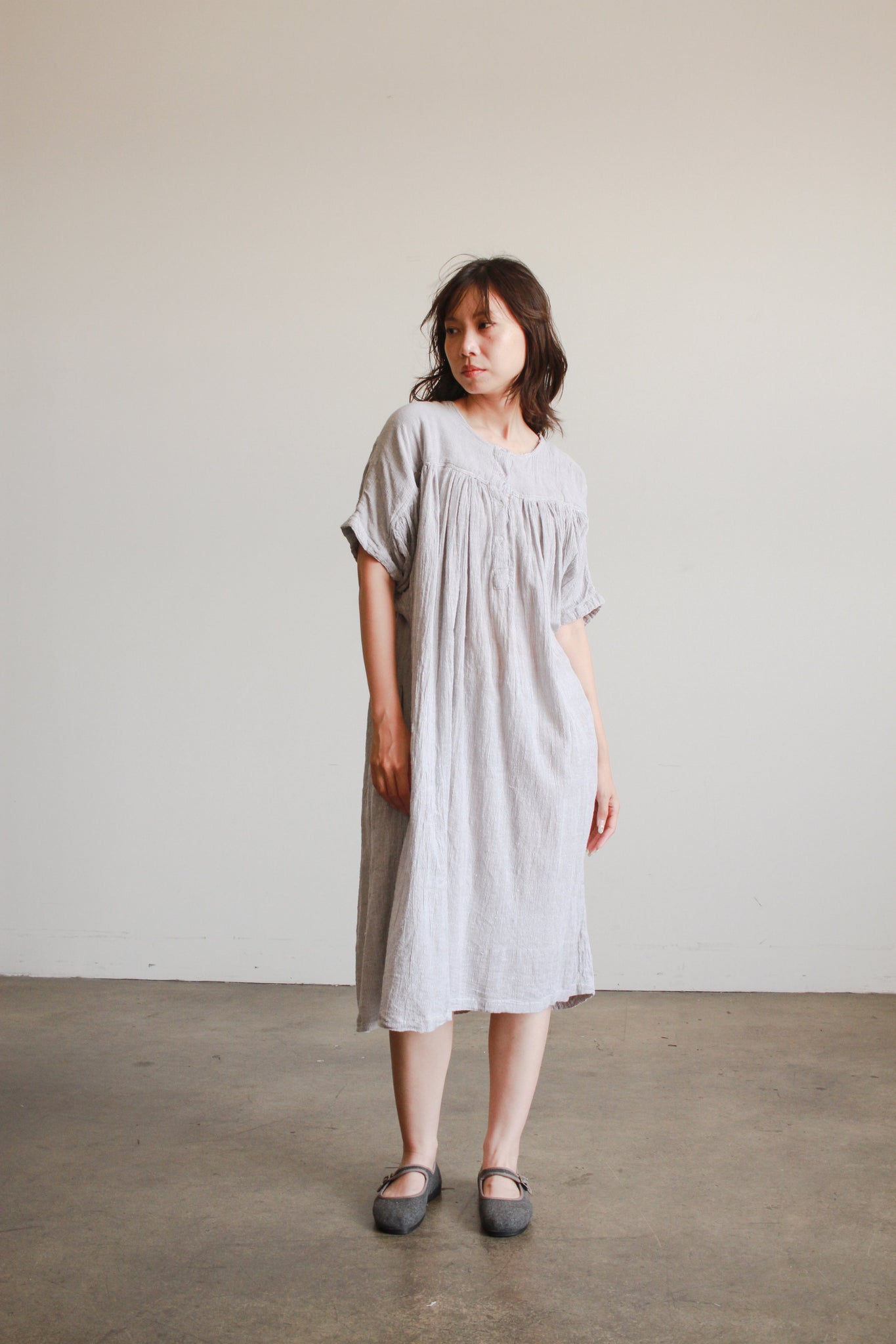 1970s Grey Gauzy Batwing Dress