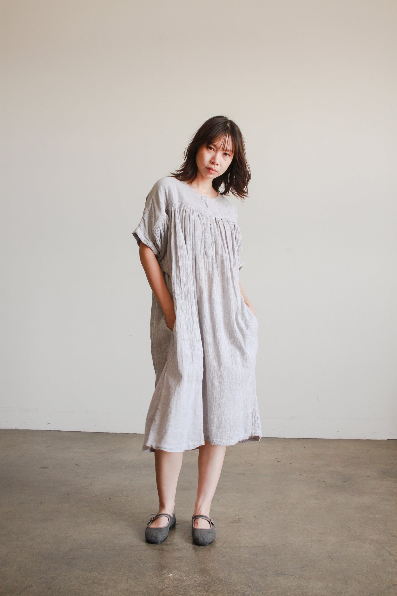 1970s Grey Gauzy Batwing Dress