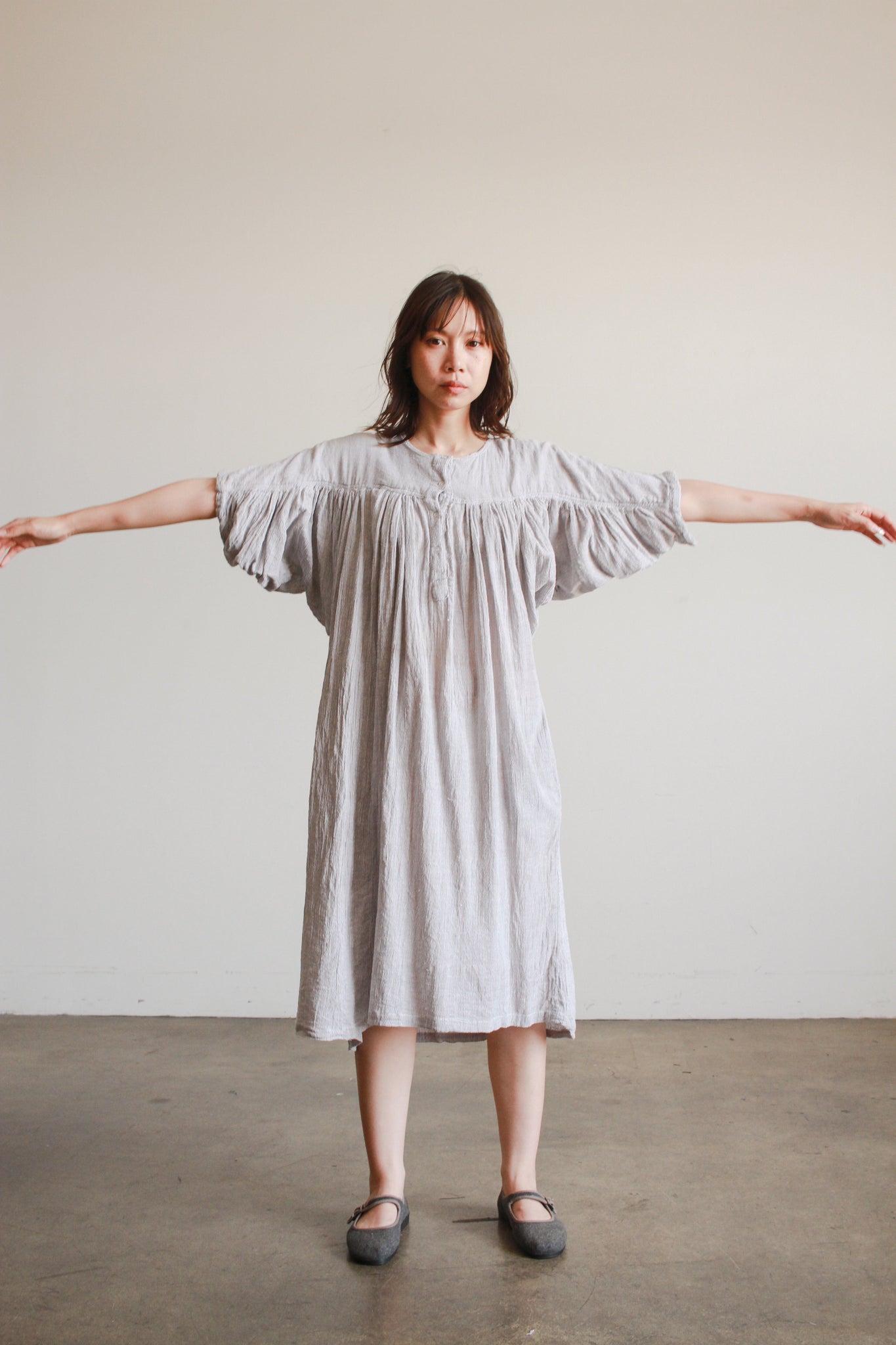 1970s Grey Gauzy Batwing Dress