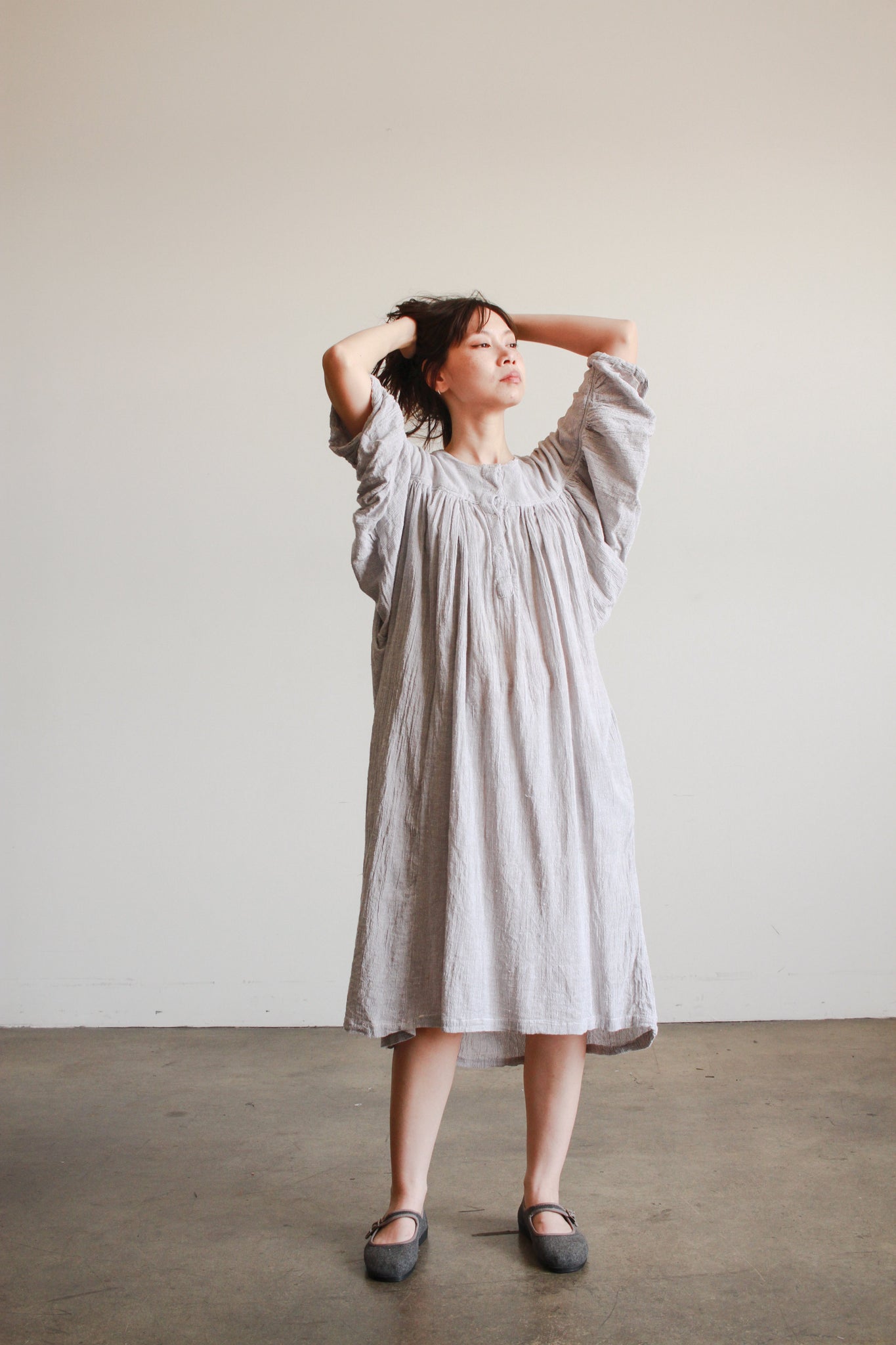 1970s Grey Gauzy Batwing Dress