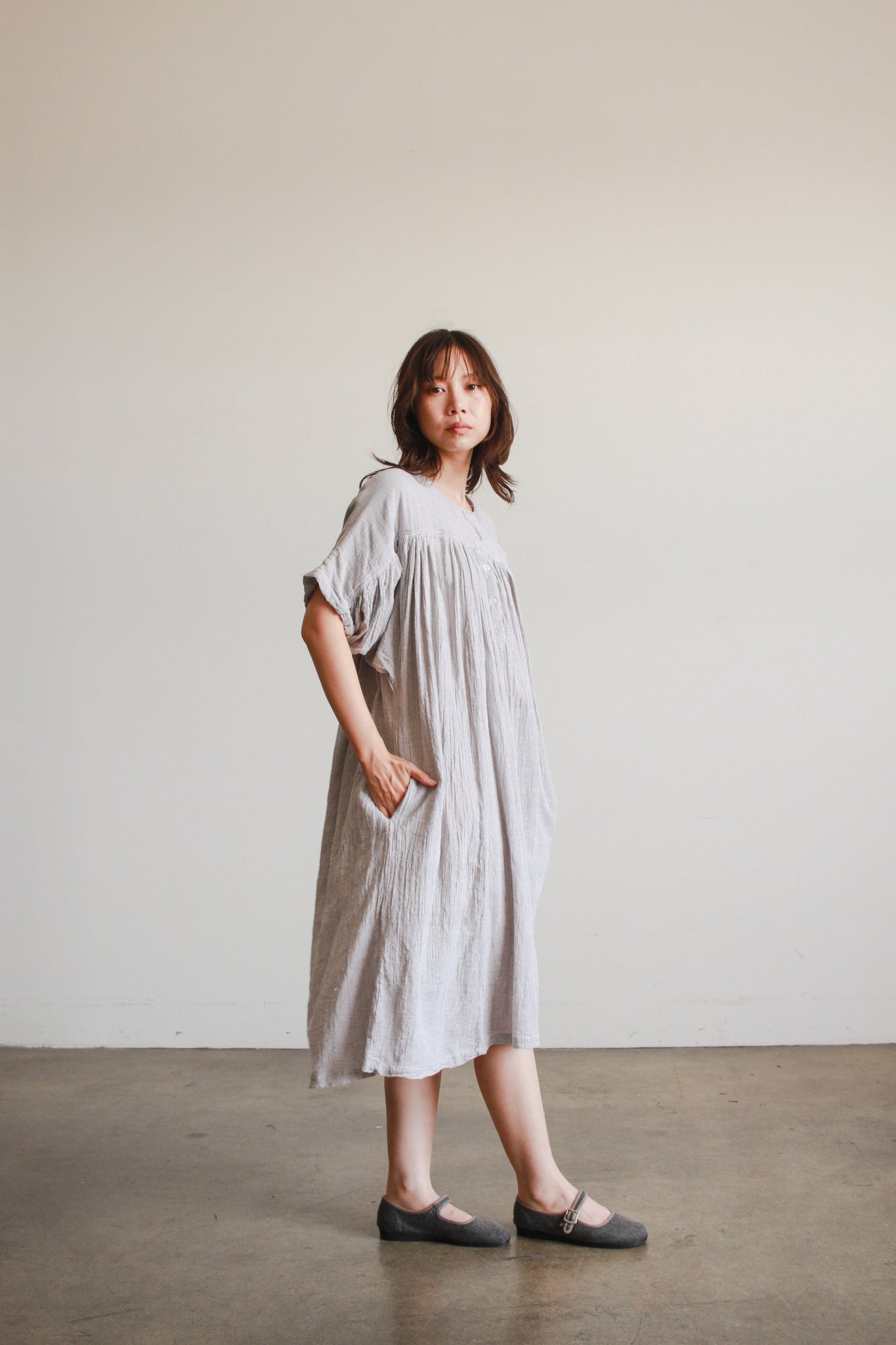 1970s Grey Gauzy Batwing Dress