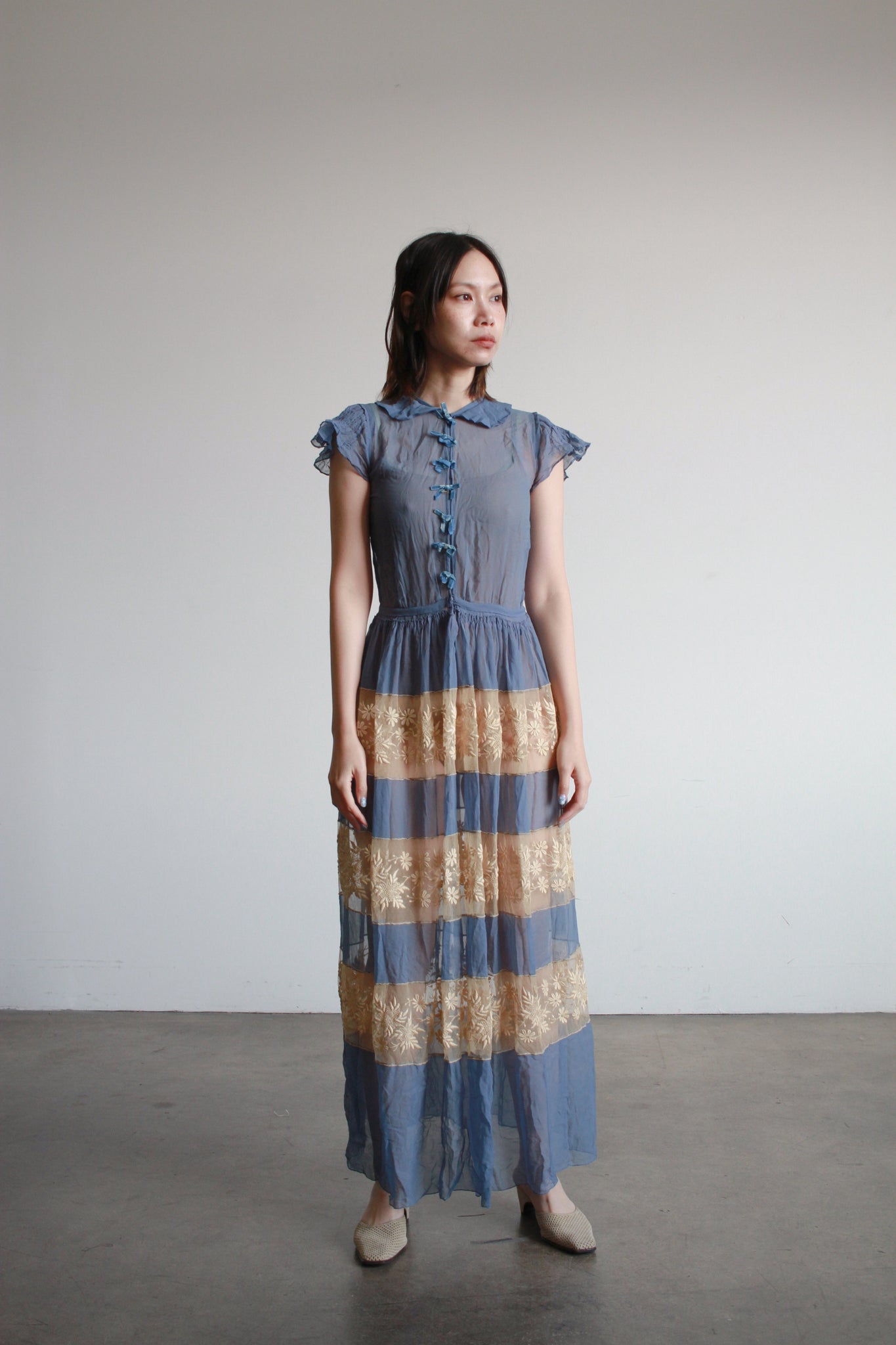 Antique Cerulean Silk Chiffon Lace Dress