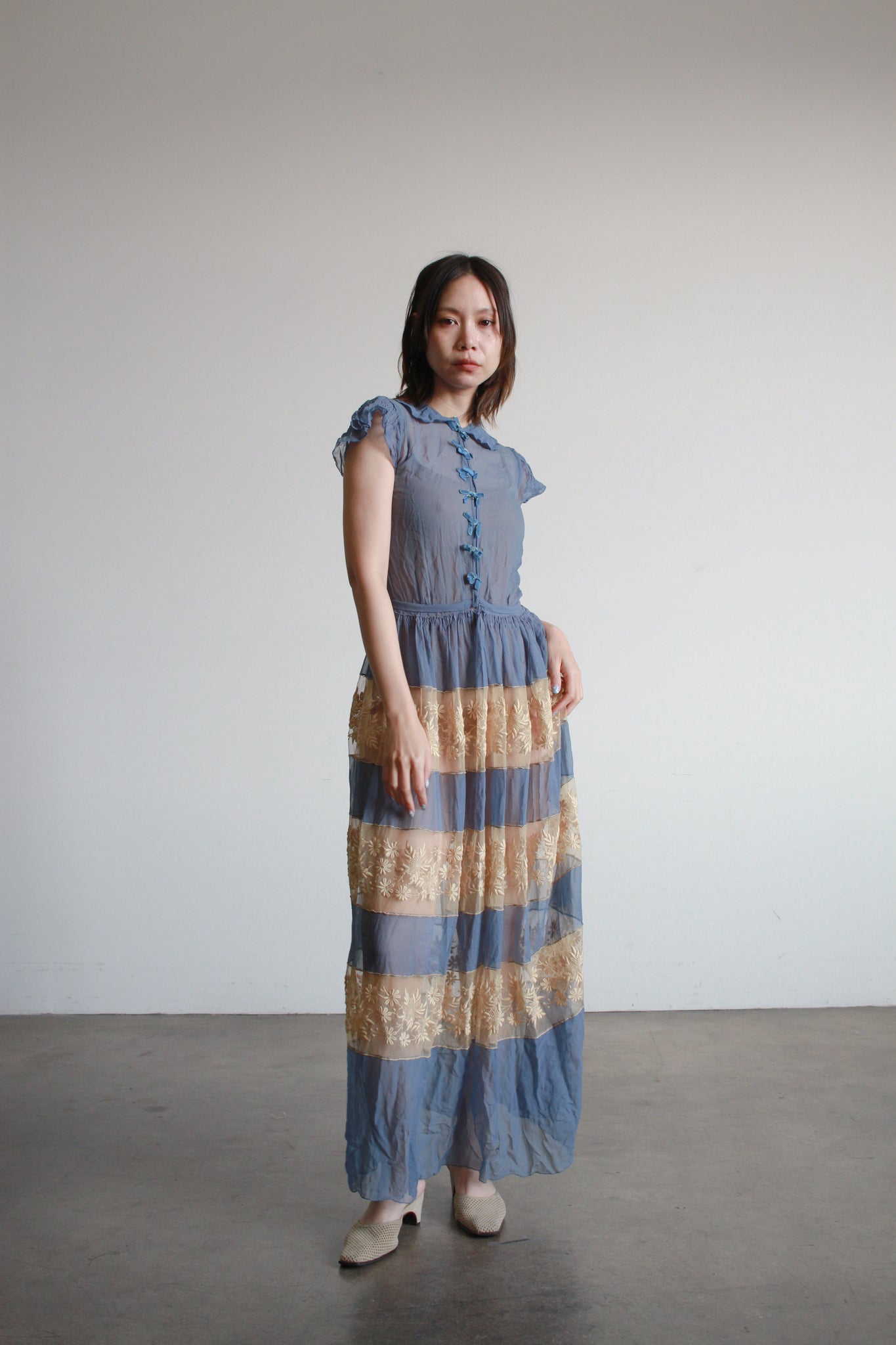 Antique Cerulean Silk Chiffon Lace Dress