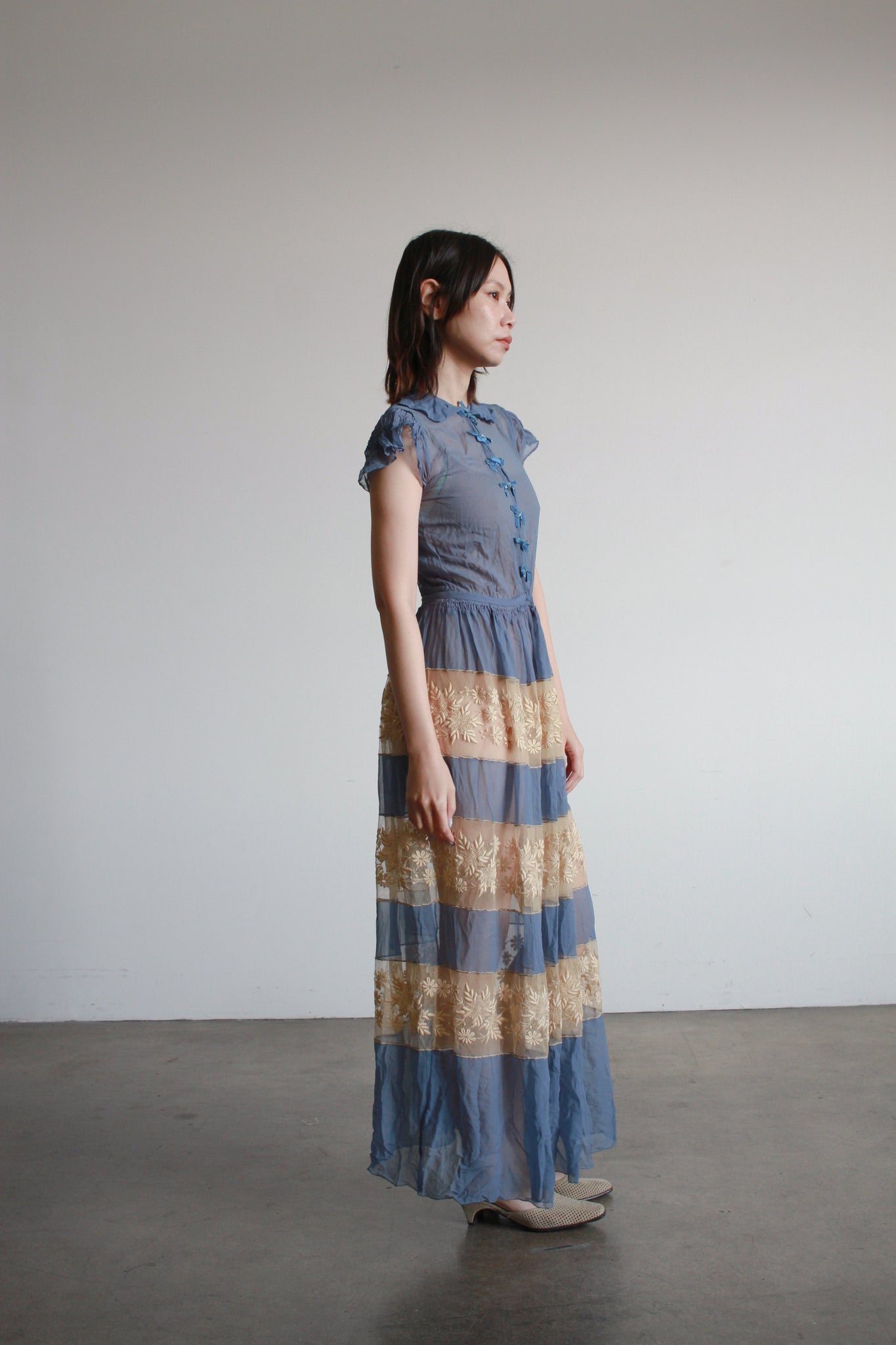 Antique Cerulean Silk Chiffon Lace Dress