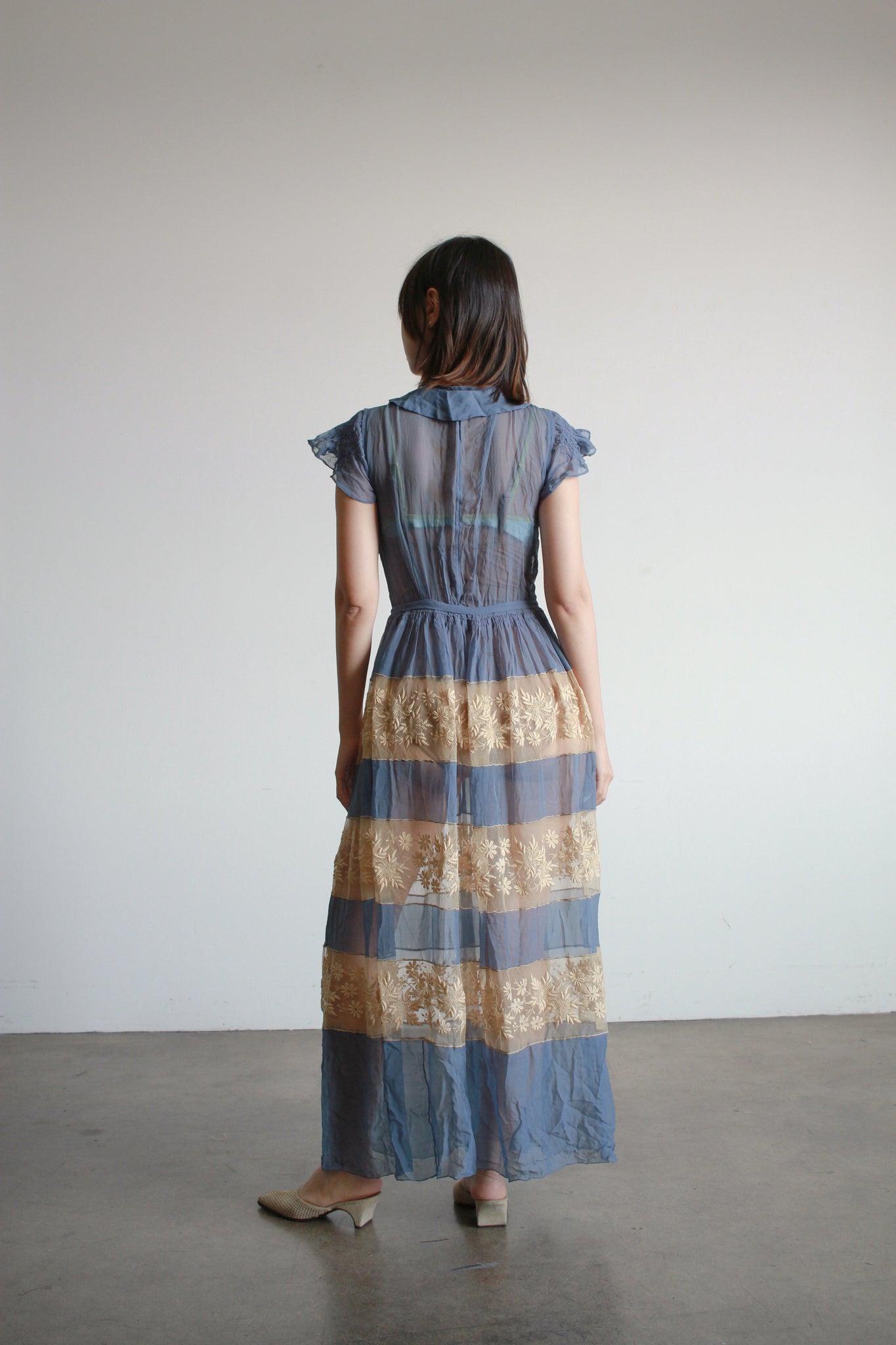 Antique Cerulean Silk Chiffon Lace Dress