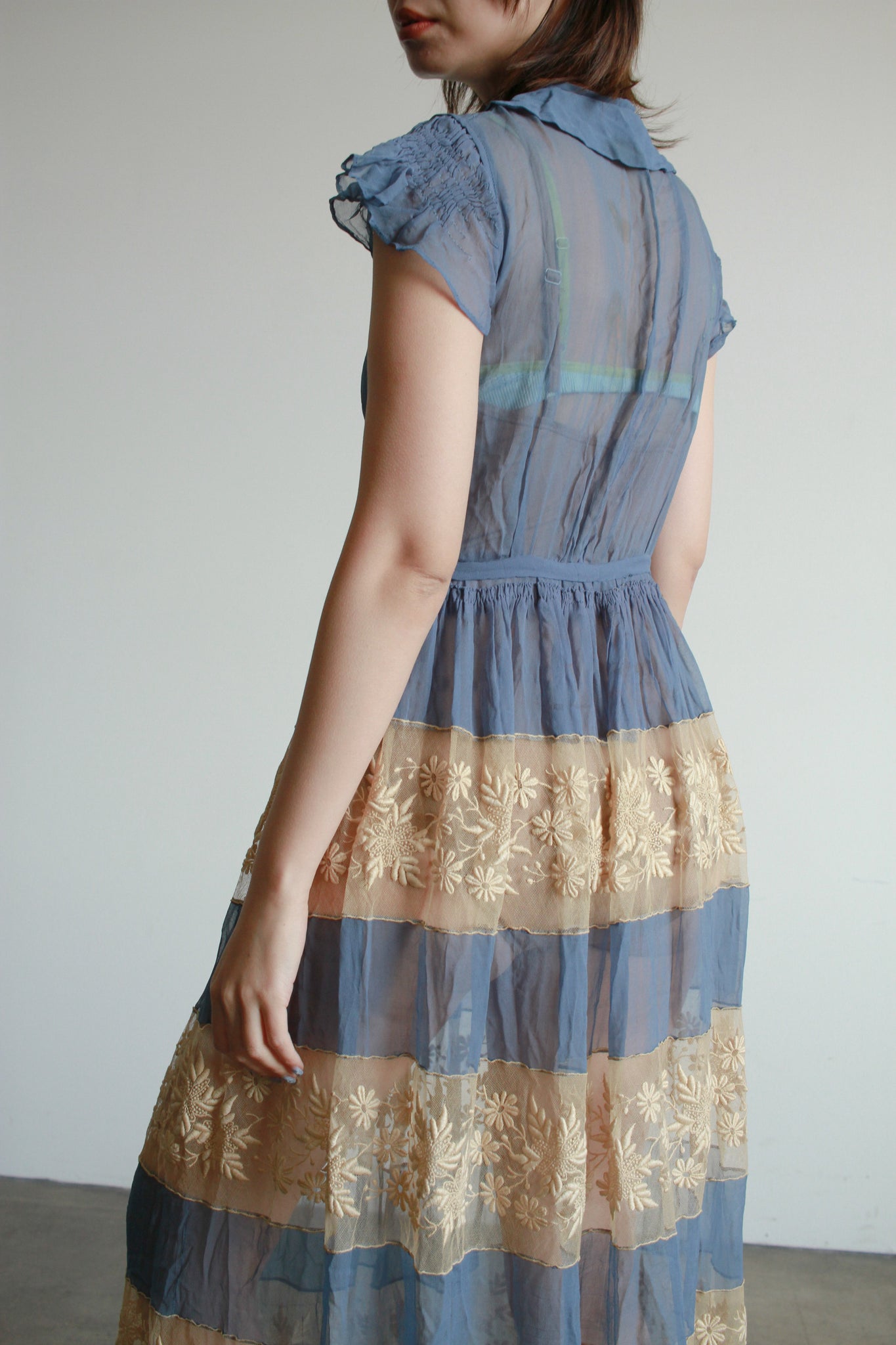 Antique Cerulean Silk Chiffon Lace Dress