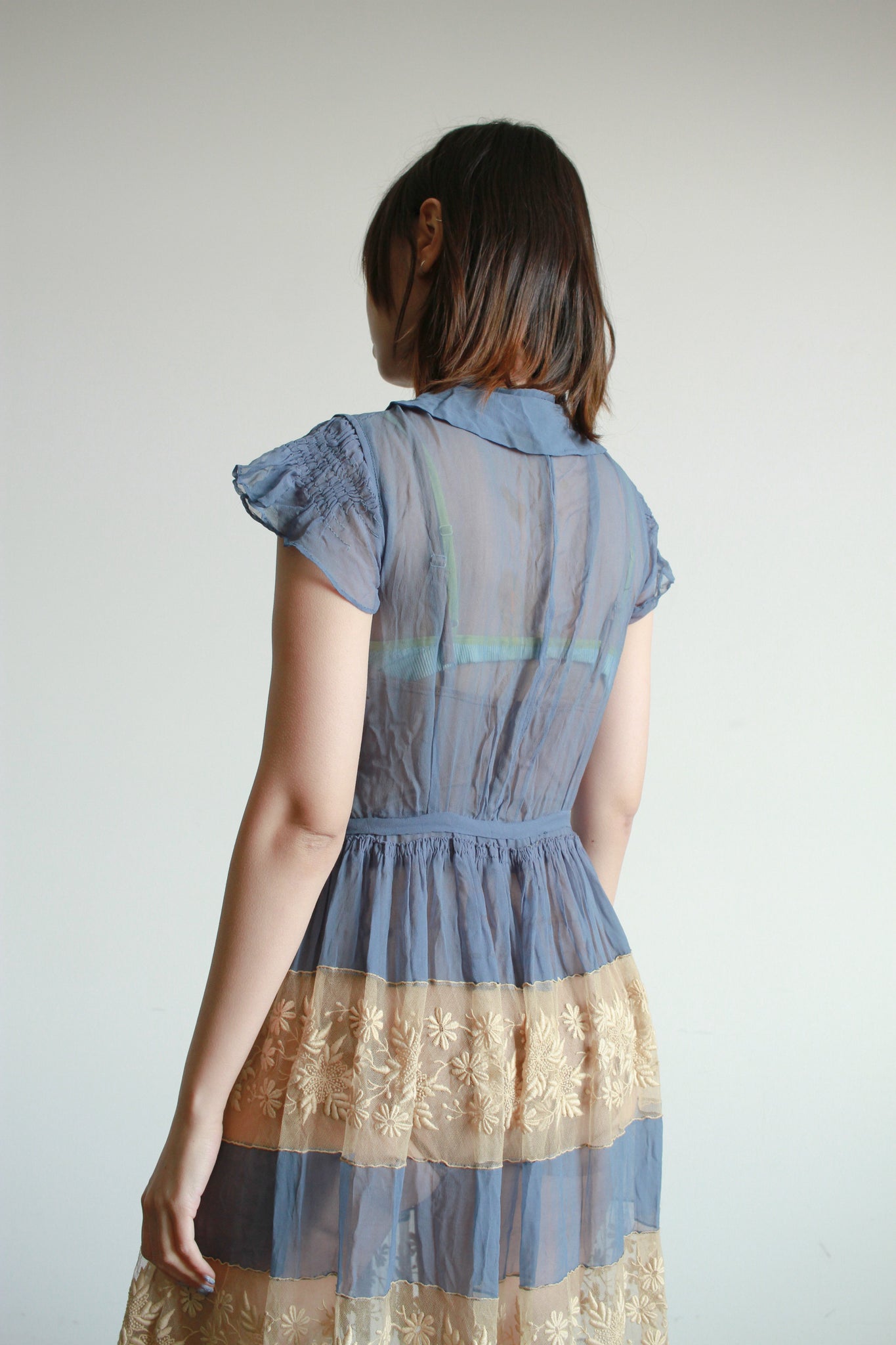 Antique Cerulean Silk Chiffon Lace Dress