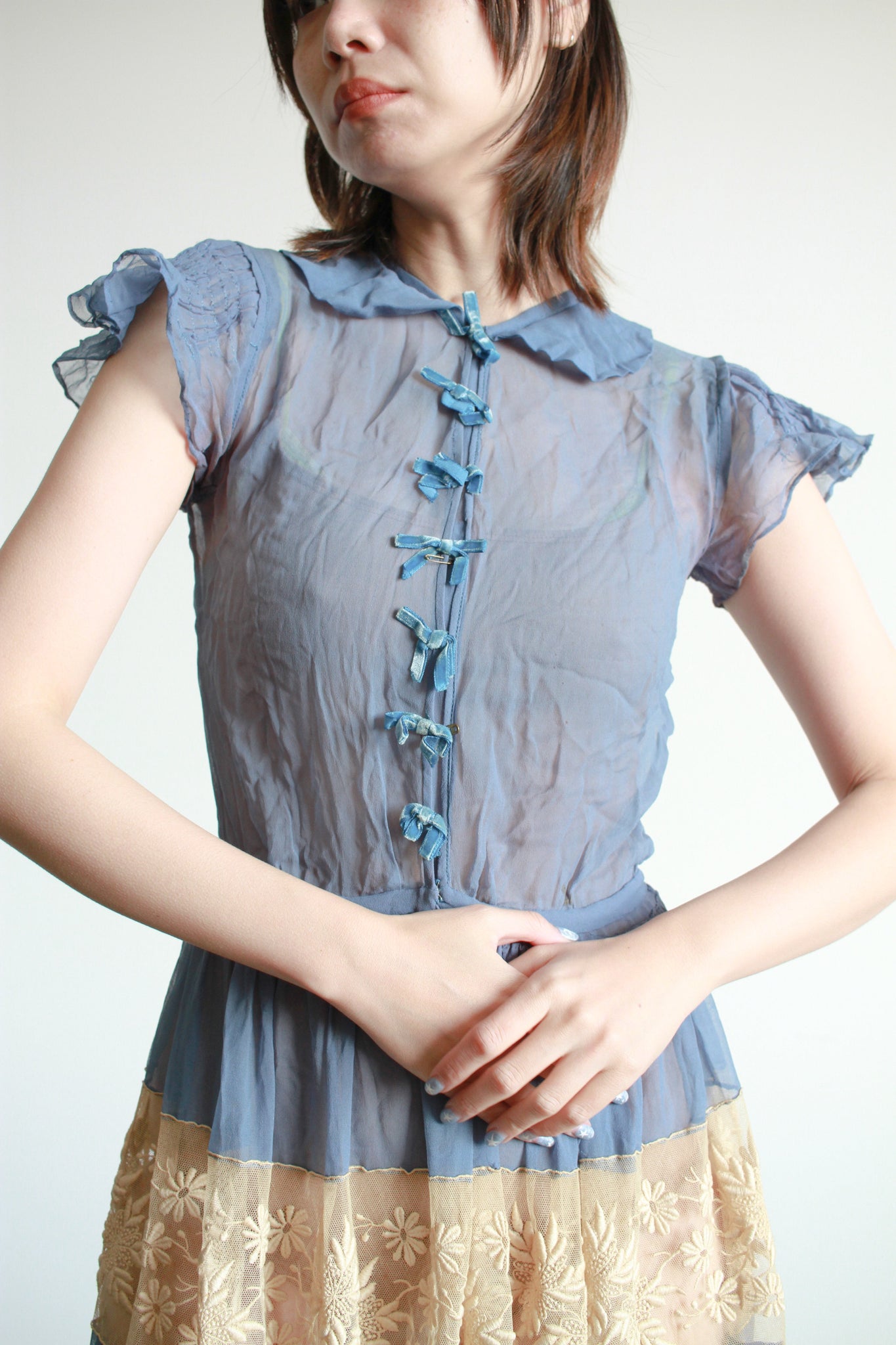 Antique Cerulean Silk Chiffon Lace Dress