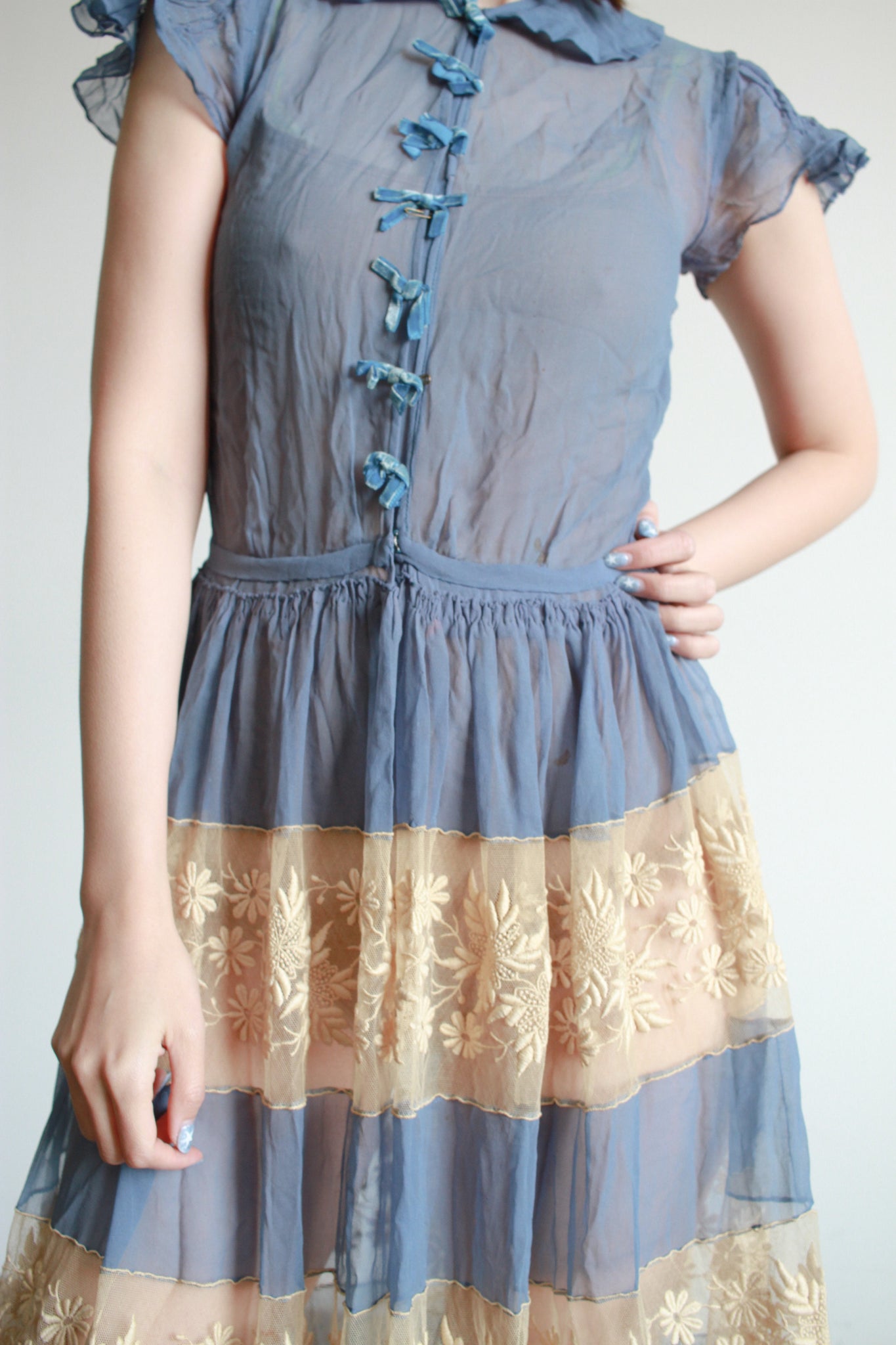 Antique Cerulean Silk Chiffon Lace Dress