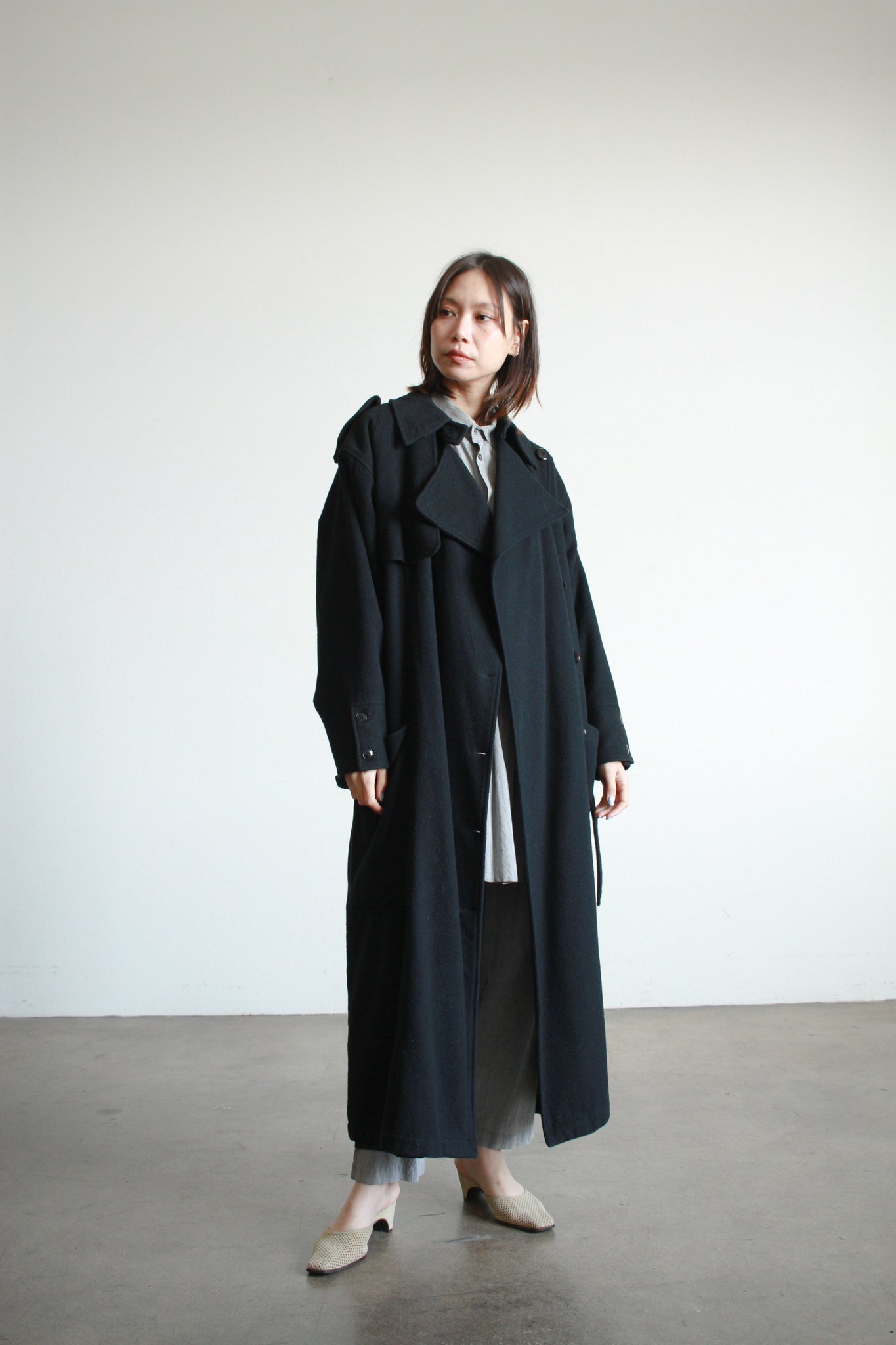 1980s French Black Felt Wool Trench Coat