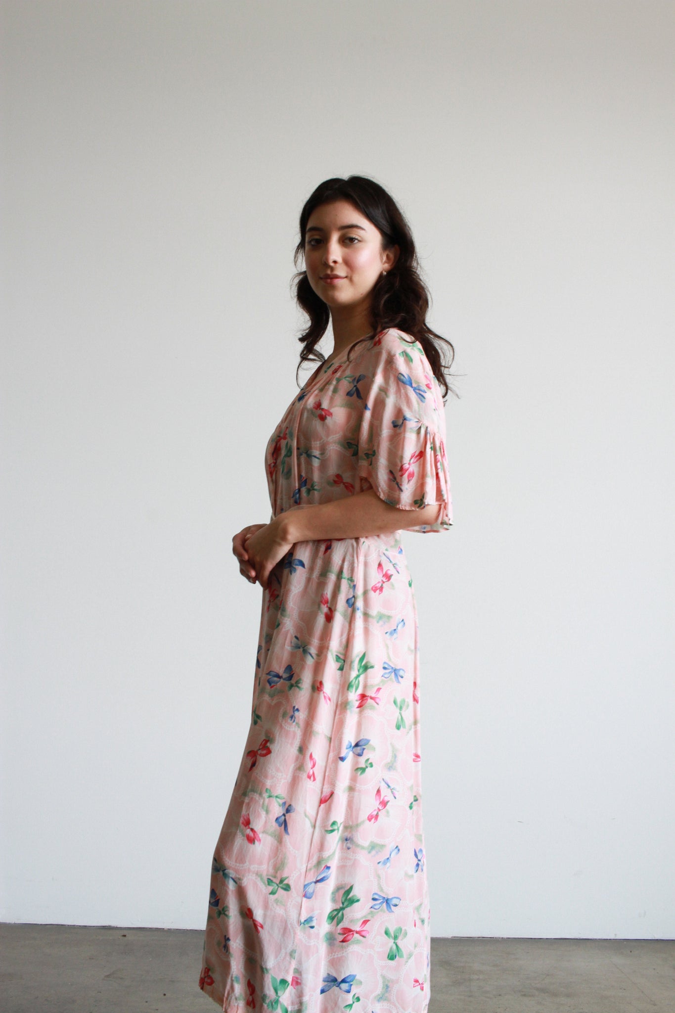 1930s Pale Pink Floral Motif Rayon Midi Dress