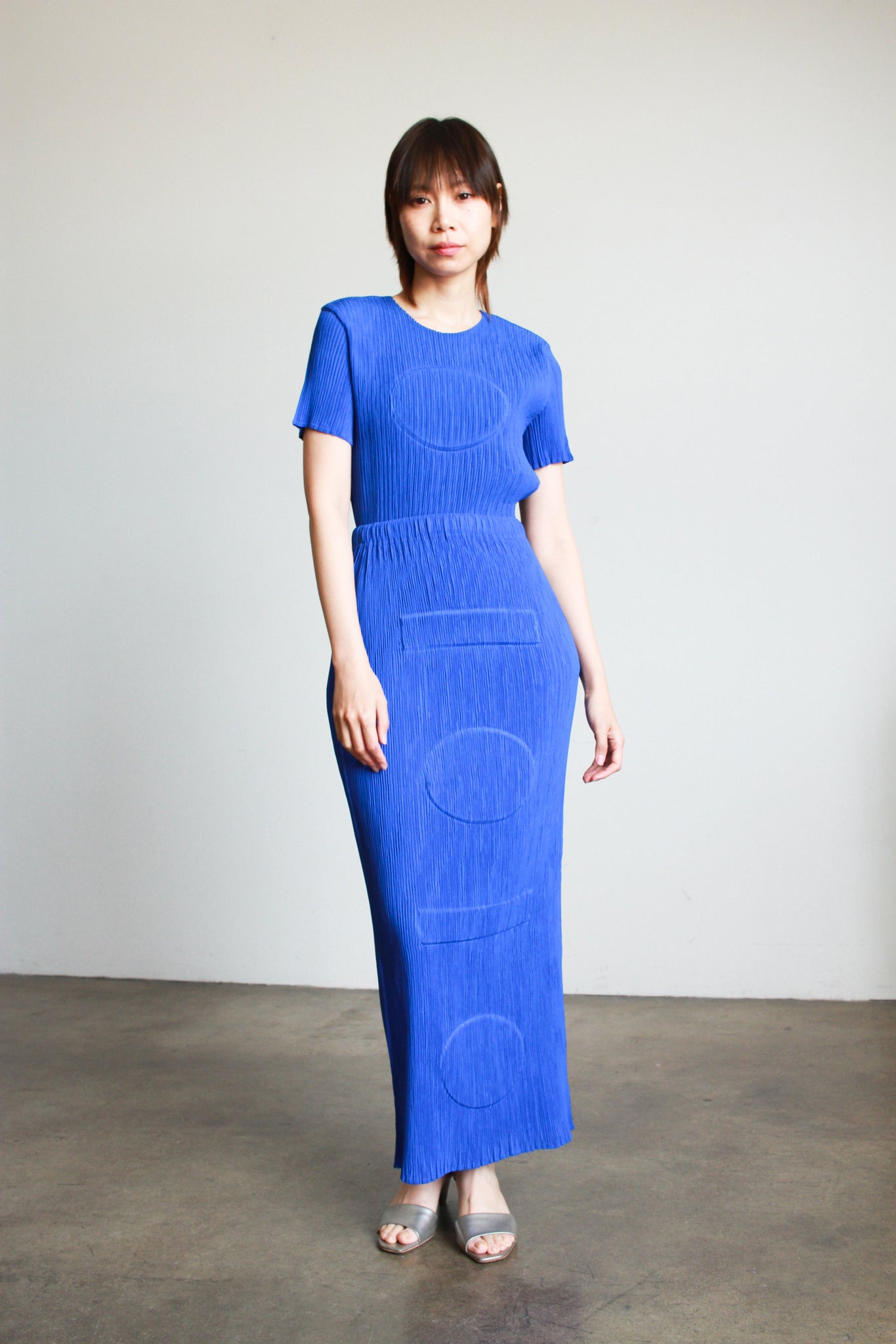 1990s Issey Miyake Cobalt Embossed Plissé Skirt Set