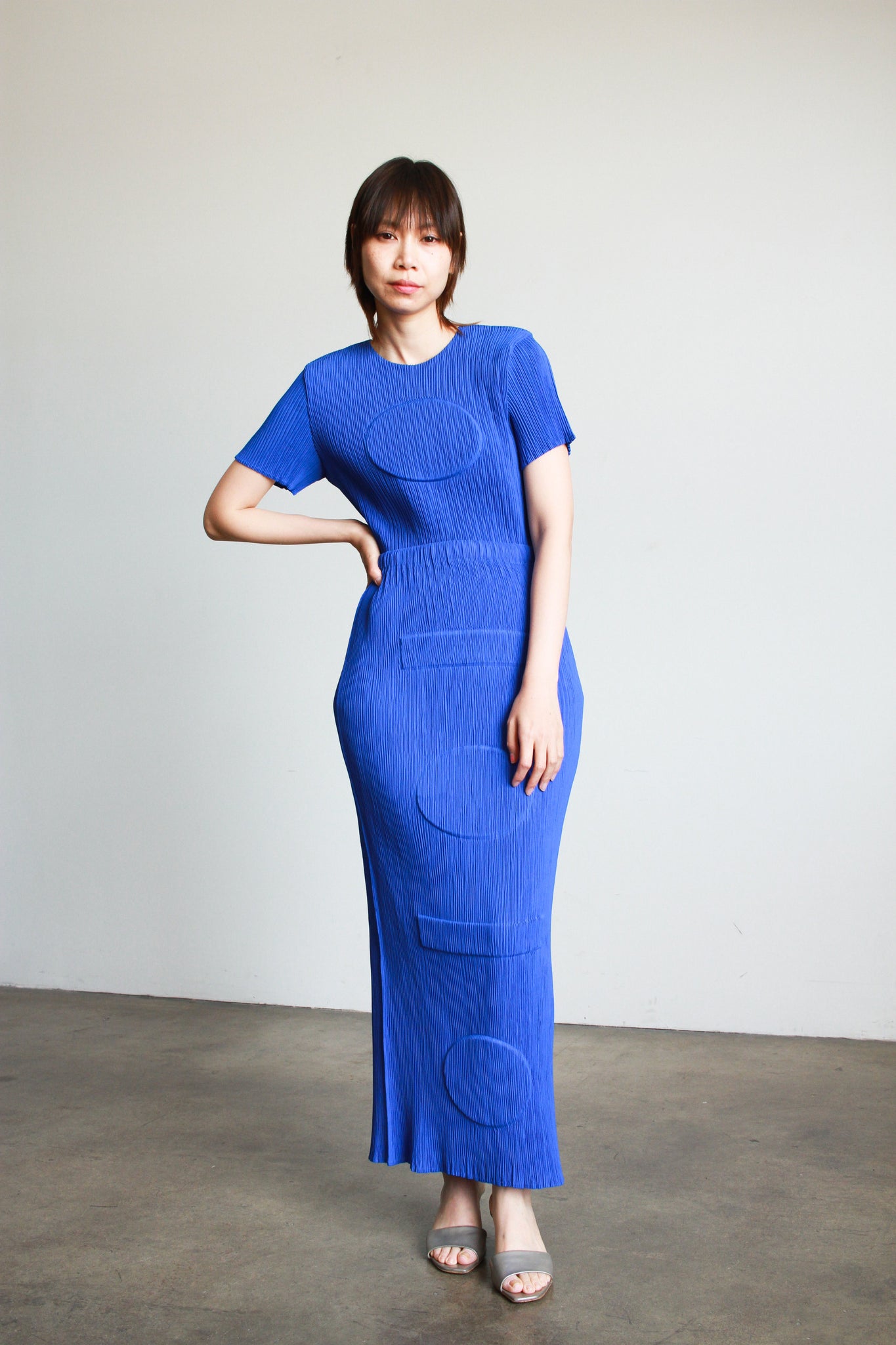 1990s Issey Miyake Cobalt Embossed Plissé Skirt Set