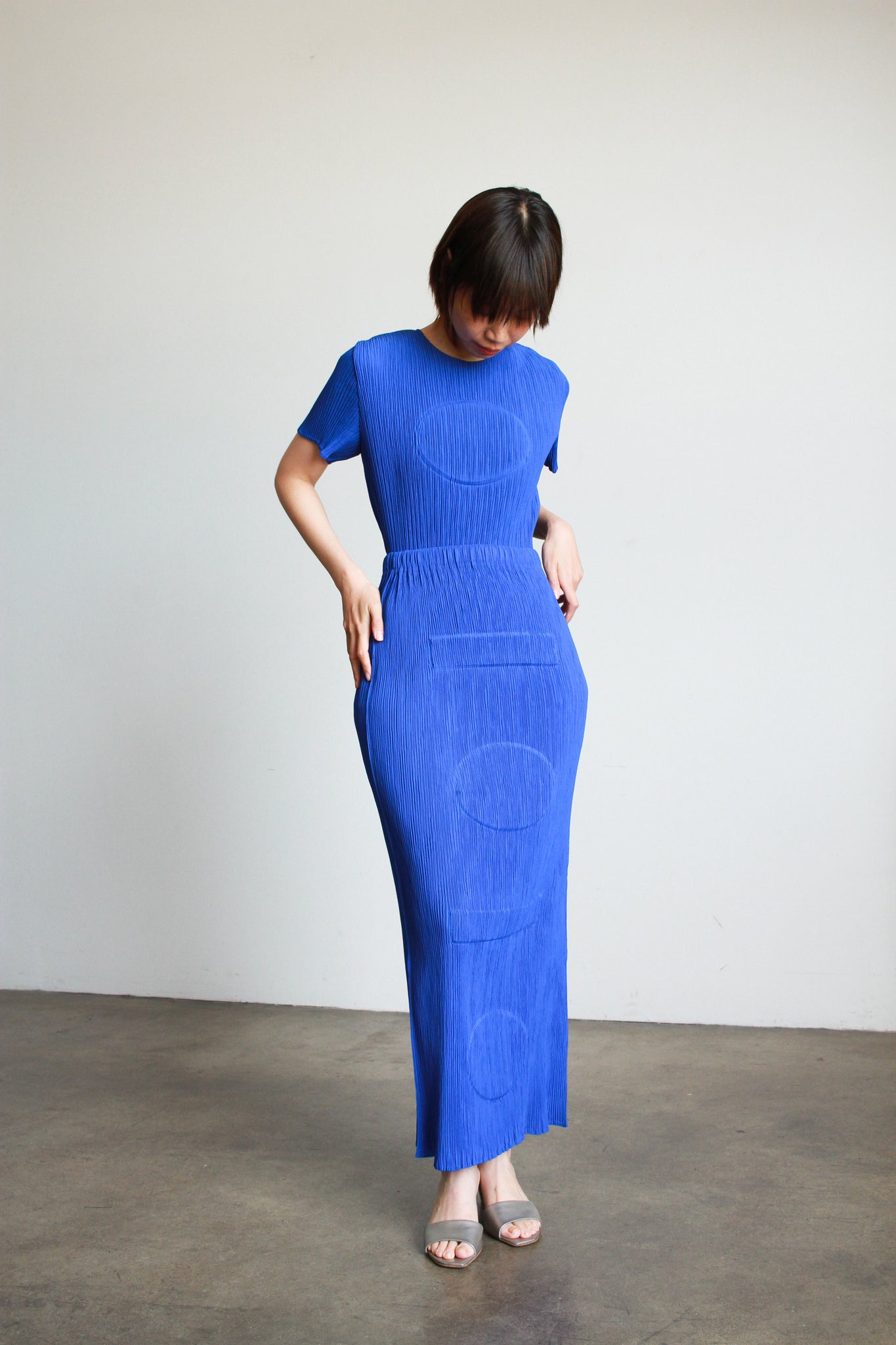 1990s Issey Miyake Cobalt Embossed Plissé Skirt Set