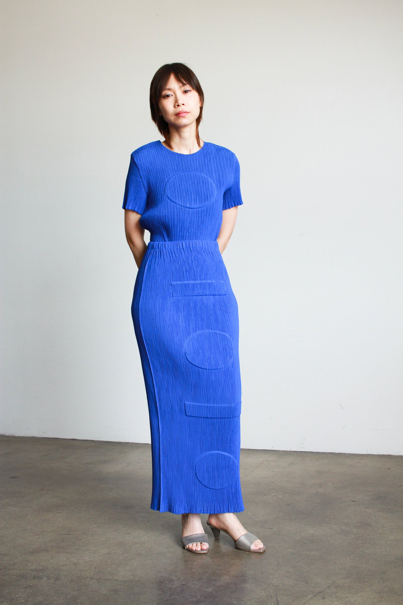 1990s Issey Miyake Cobalt Embossed Plissé Skirt Set