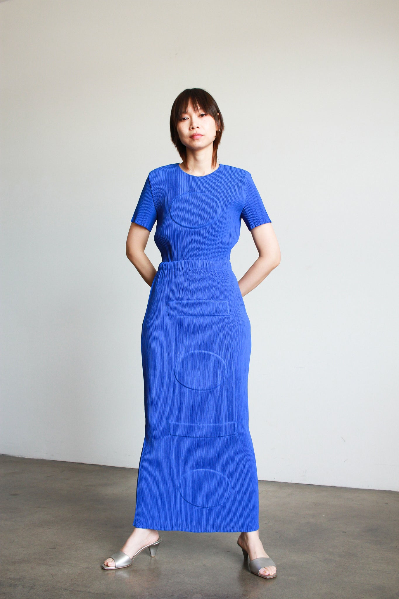 1990s Issey Miyake Cobalt Embossed Plissé Skirt Set