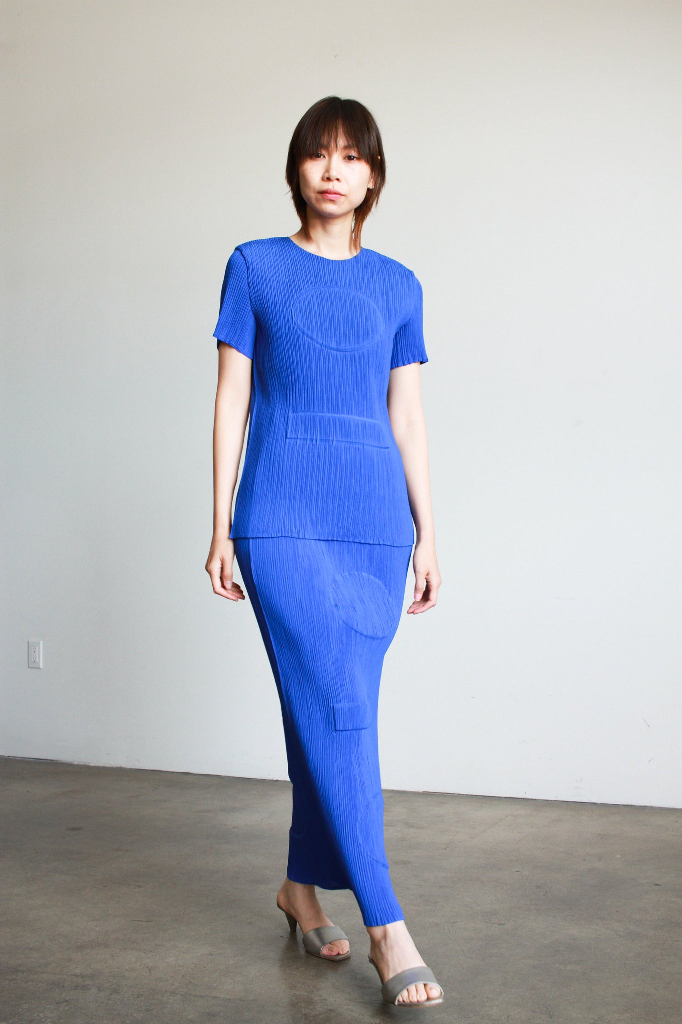 1990s Issey Miyake Cobalt Embossed Plissé Skirt Set