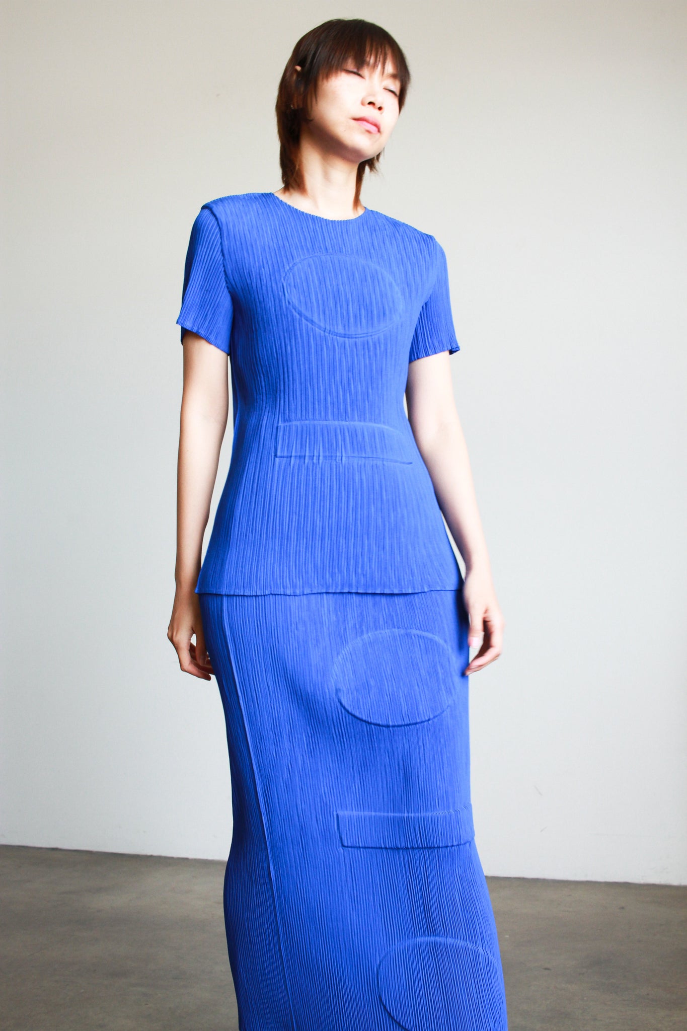 1990s Issey Miyake Cobalt Embossed Plissé Skirt Set