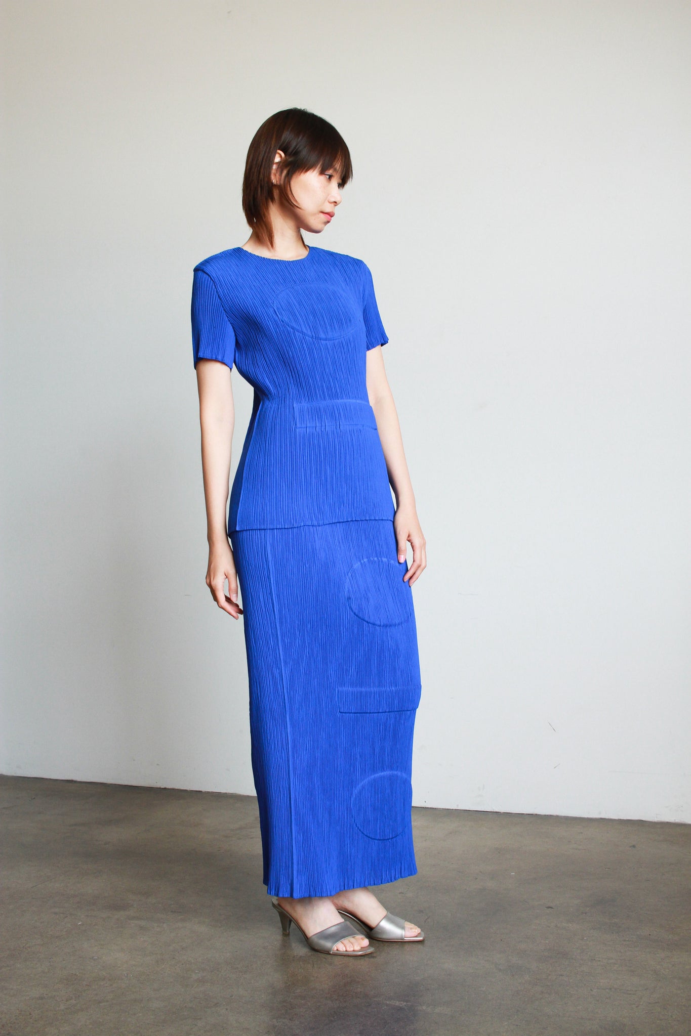 1990s Issey Miyake Cobalt Embossed Plissé Skirt Set