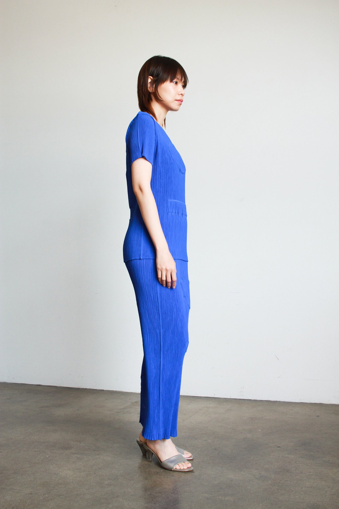 1990s Issey Miyake Cobalt Embossed Plissé Skirt Set