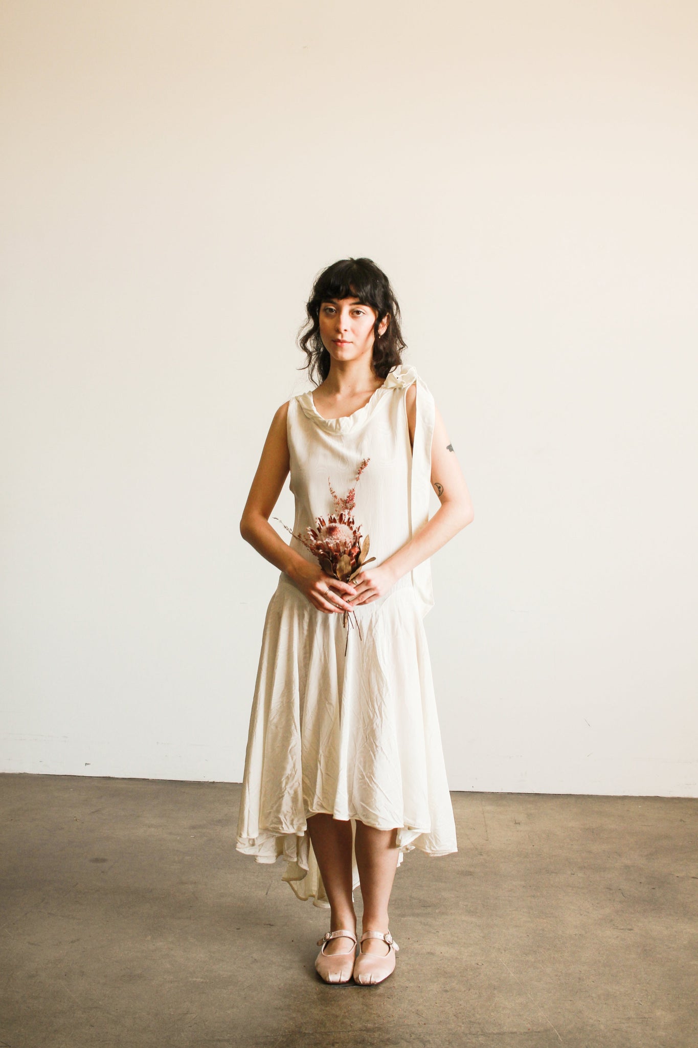 1920s White Woodgrain Taffeta Dropwaist Dress