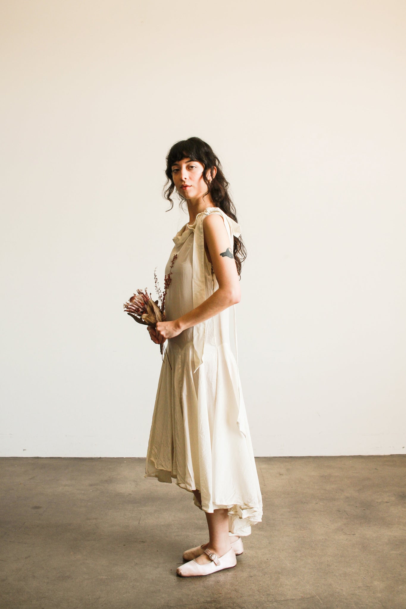 1920s White Woodgrain Taffeta Dropwaist Dress