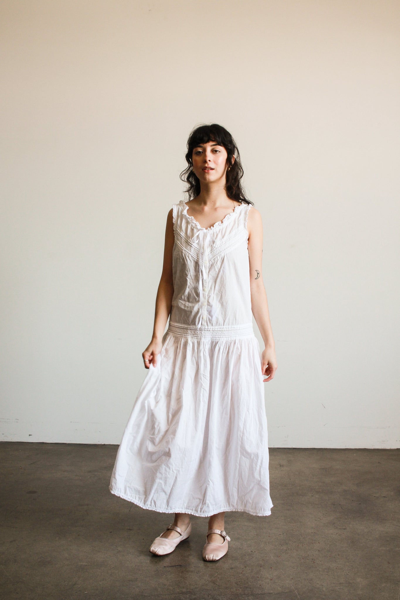 1980s White Cotton Cami Drop Waist Dress