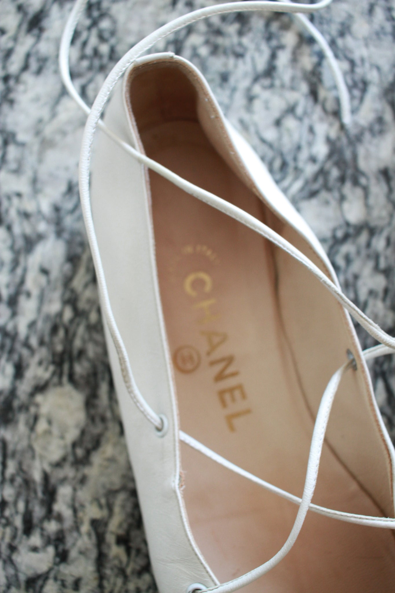 1980s Chanel Black White Leather Lace Up Ballet Flats | 37