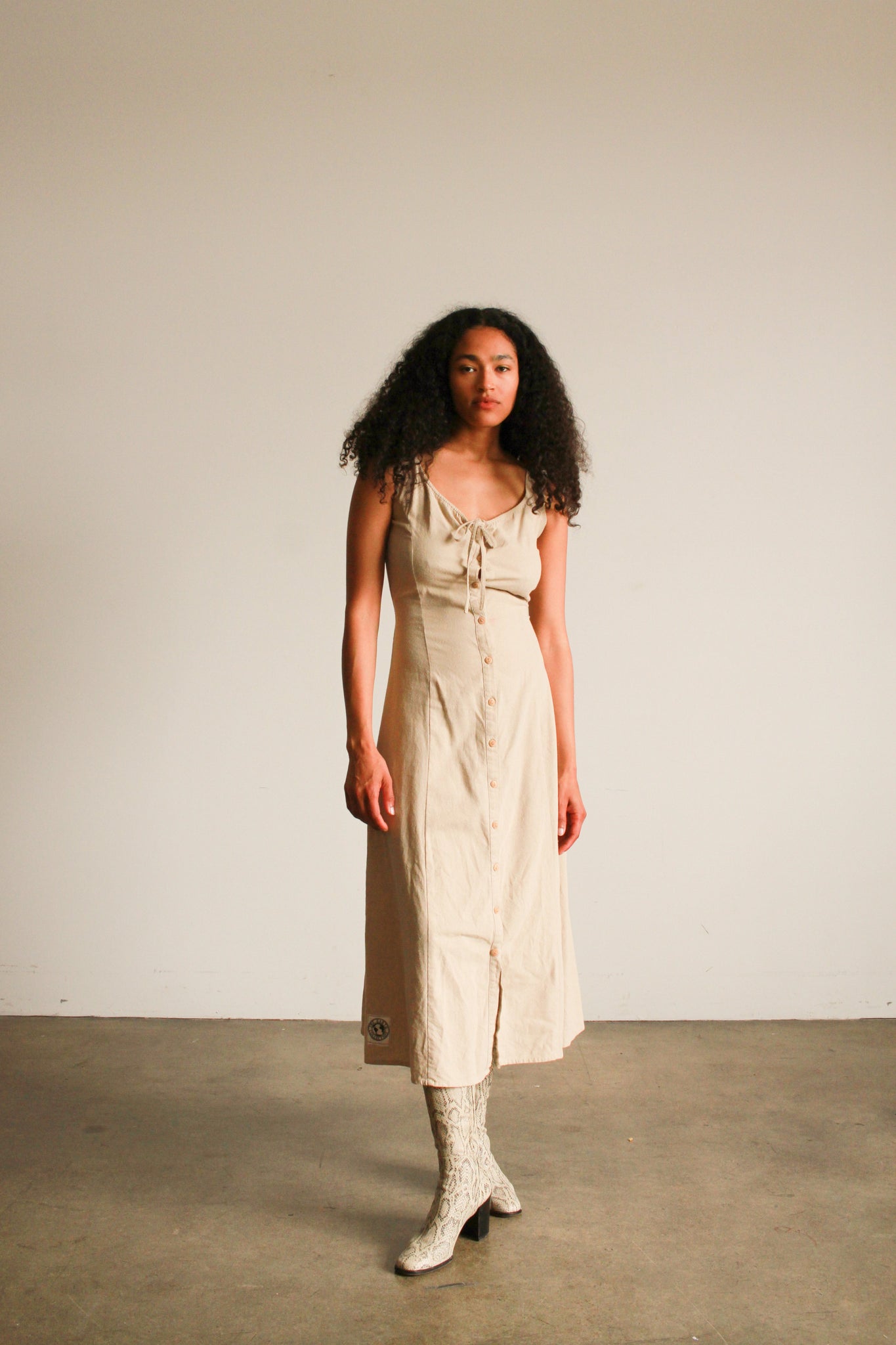 1980s Beige Raw Silk Button Up Dress