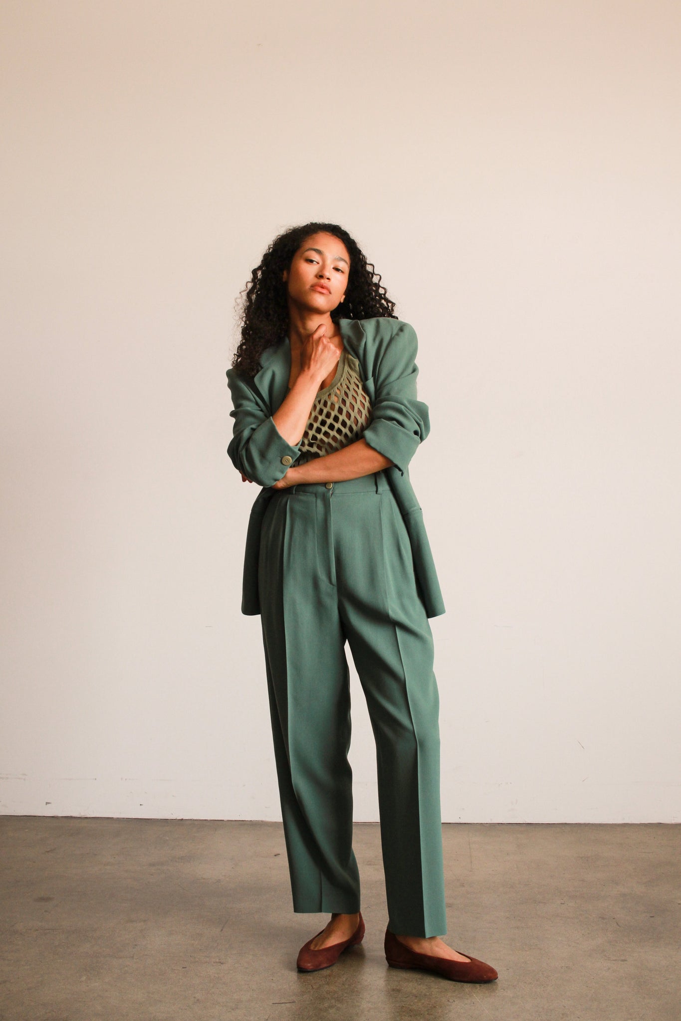 1990s Seagreen Giorgio Armani Crepe Wool Pant Suit