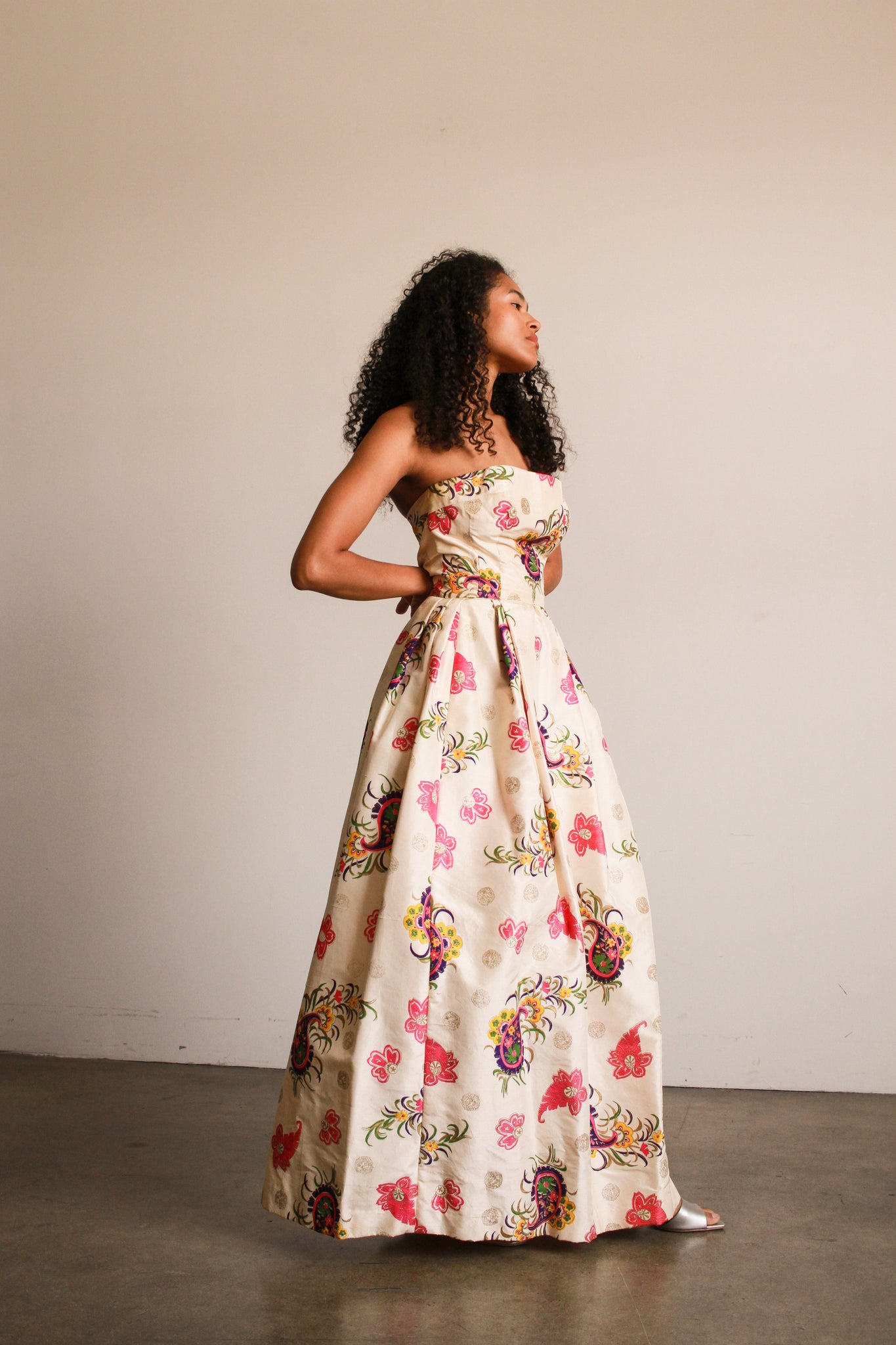 1950s Custom Cream Thai Silk Block Print Gown