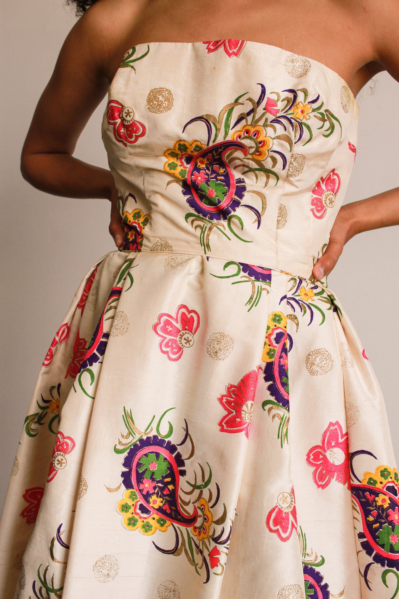 1950s Custom Cream Thai Silk Block Print Gown