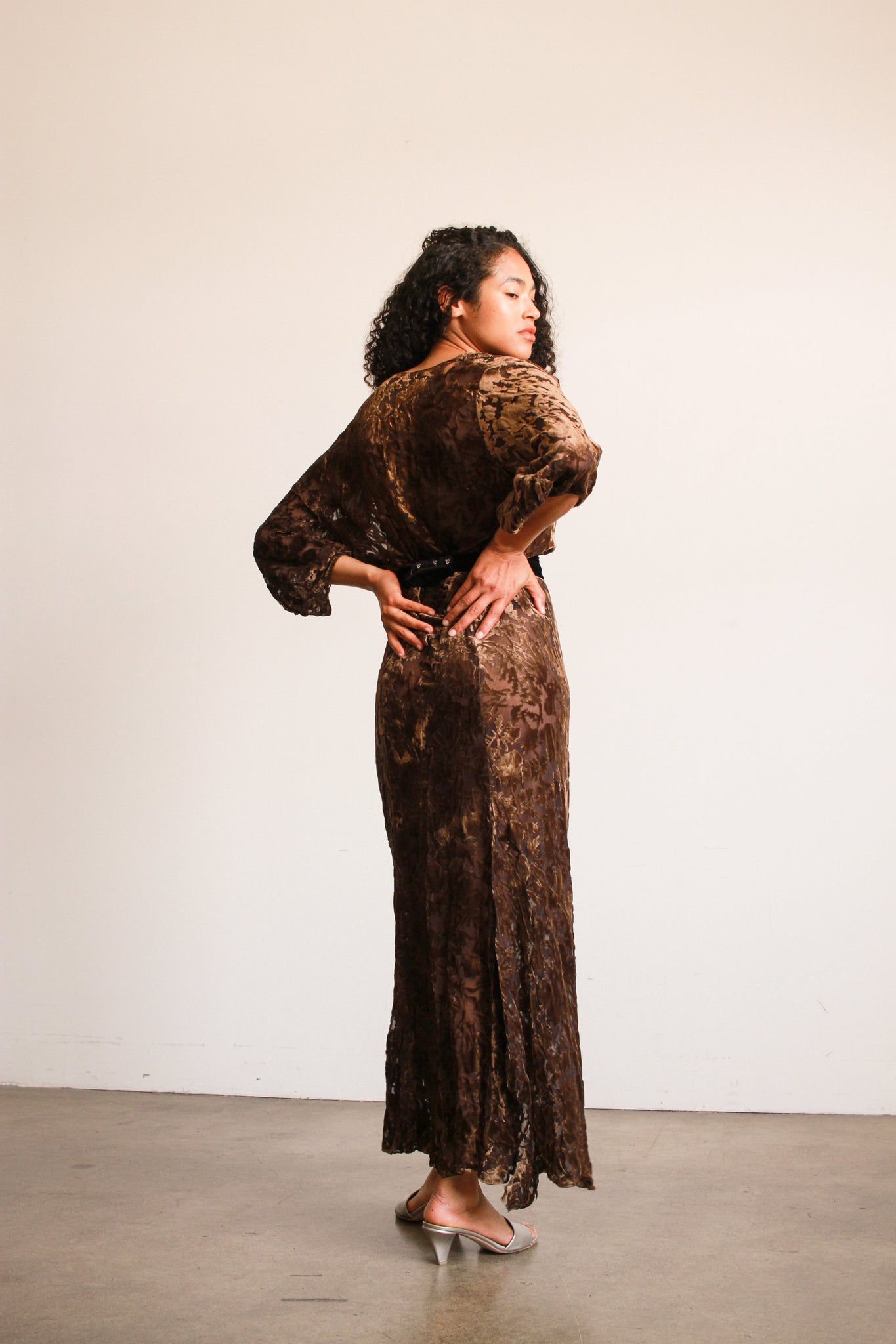 1930s Brown Devore Silk Velvet Bias Dress