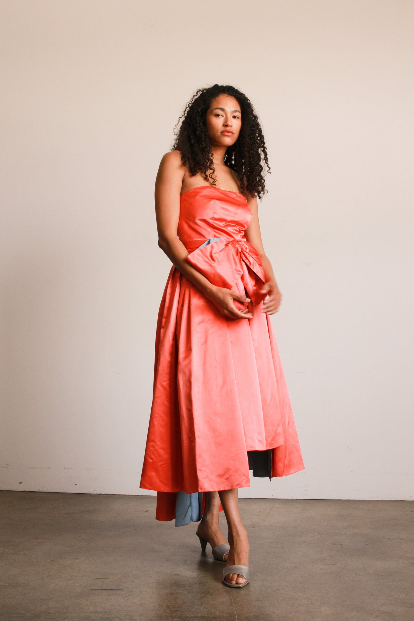 1950s Mimi Cummings Orange Red Satin Bow Gown