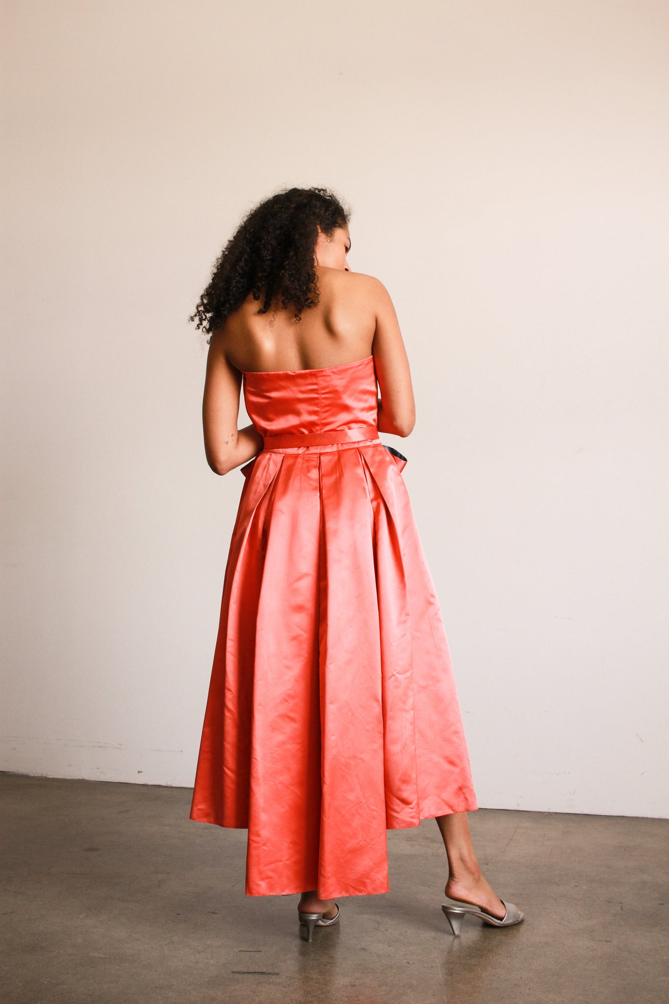 1950s Mimi Cummings Orange Red Satin Bow Gown