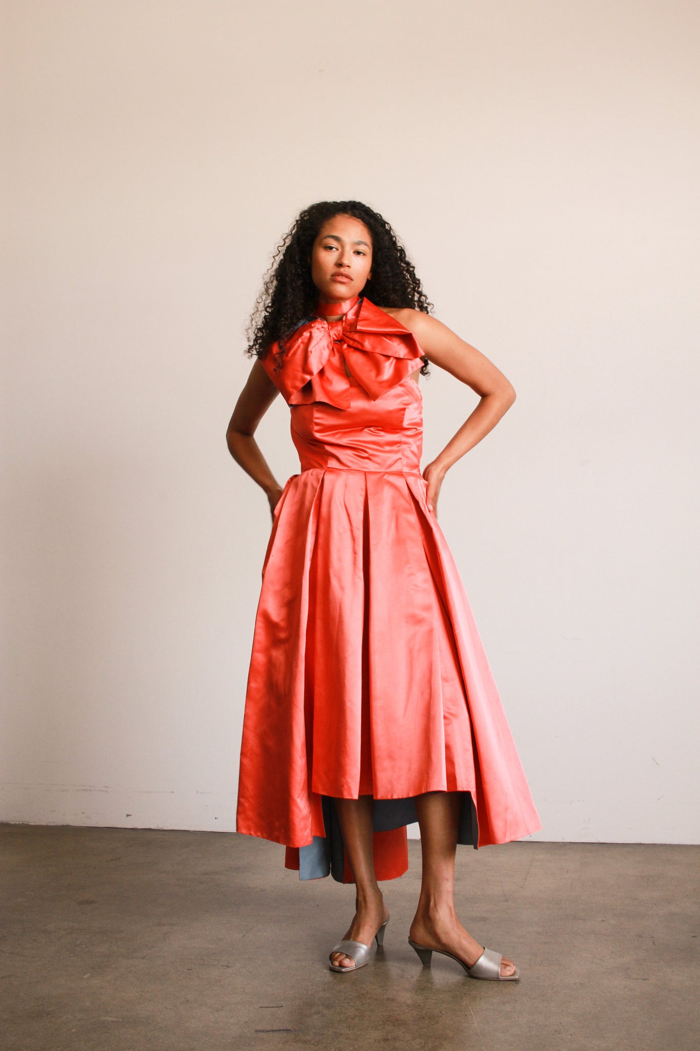 1950s Mimi Cummings Orange Red Satin Bow Gown