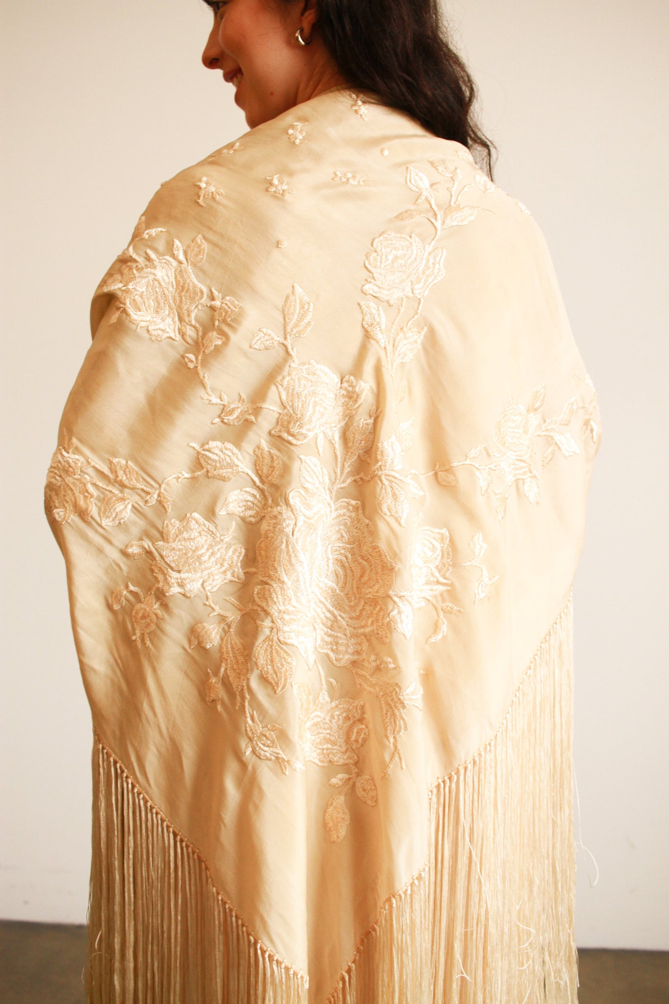 1930s Cream Floral Motif Embroidered Silk Piano Shawl