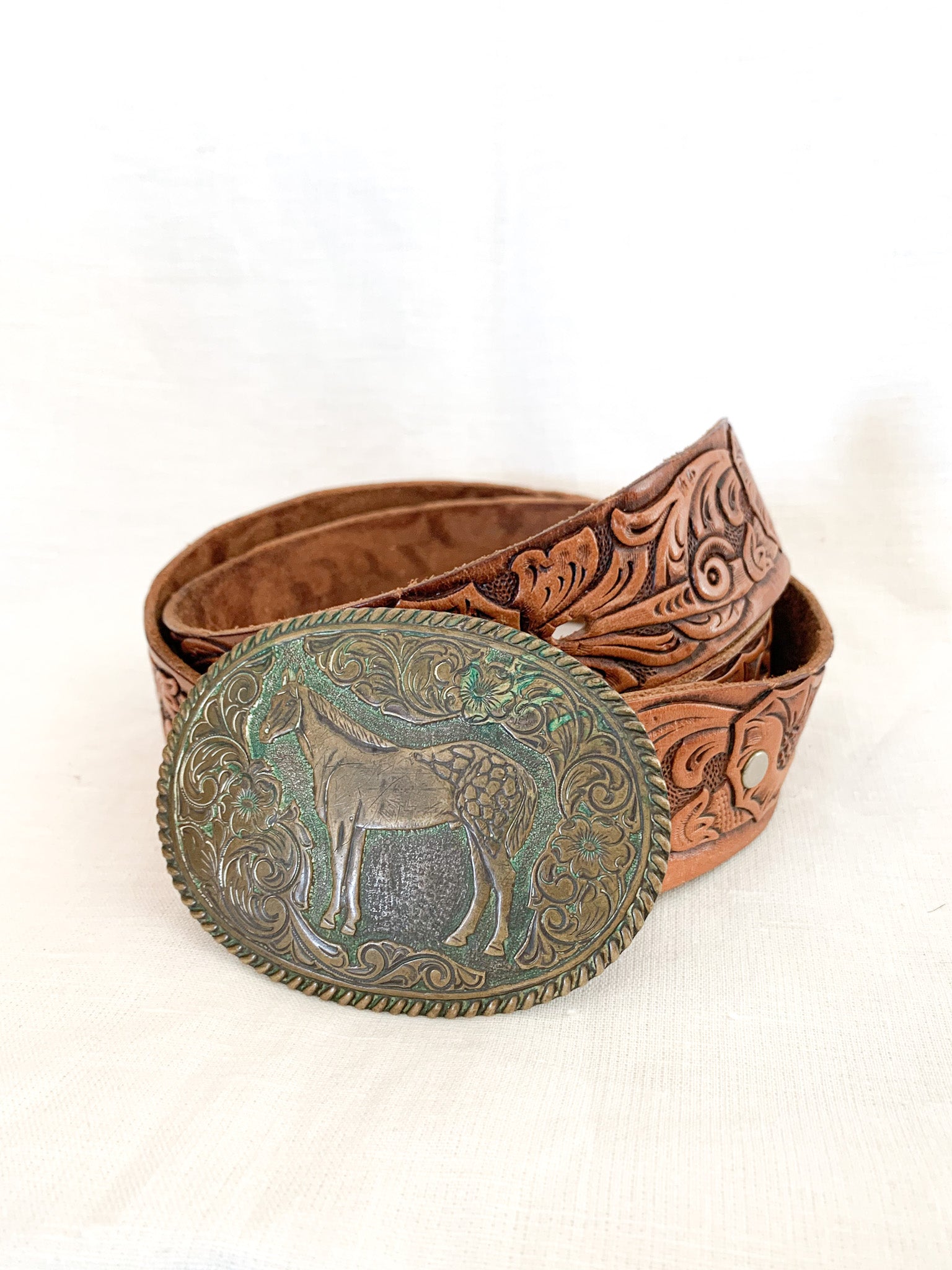 Tooled Leather Belt With Brass Horse Buckle