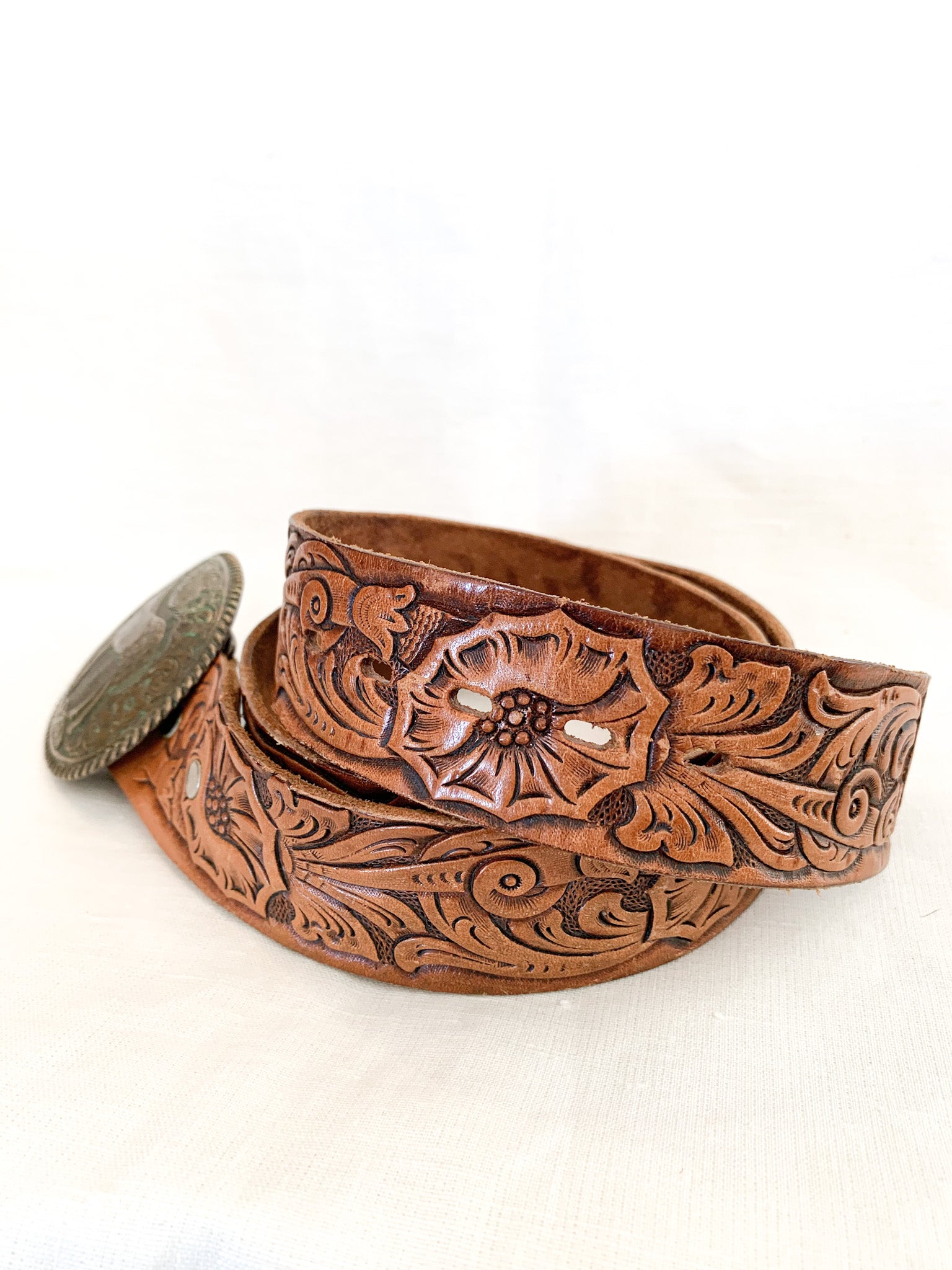 Tooled Leather Belt With Brass Horse Buckle