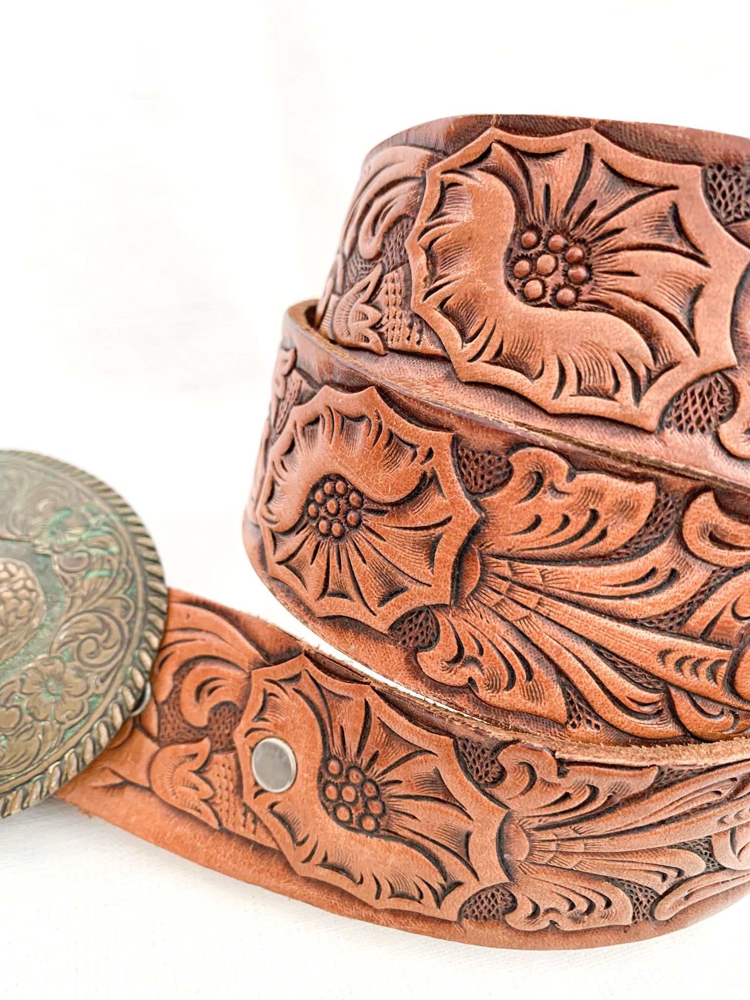 Tooled Leather Belt With Brass Horse Buckle