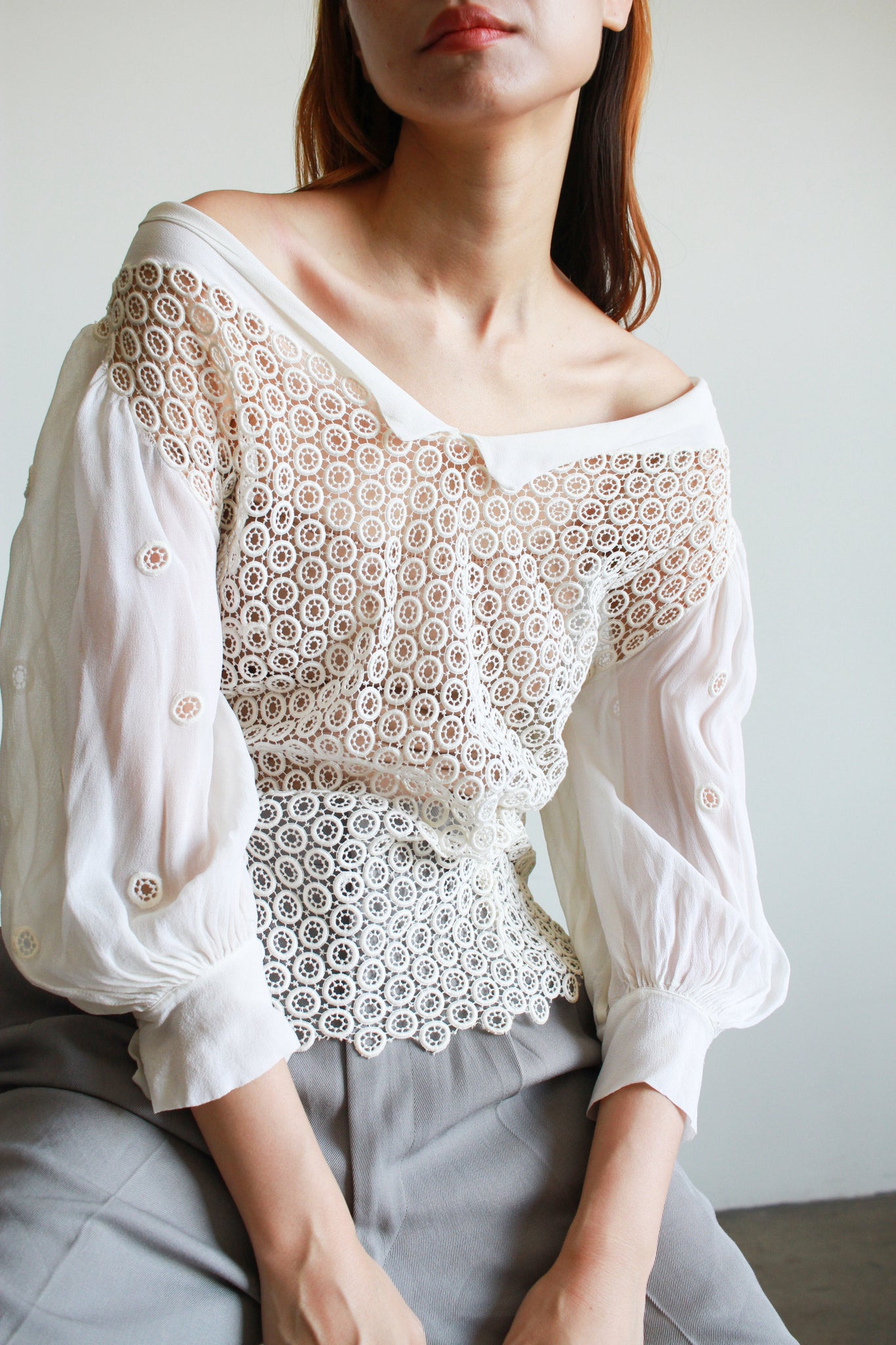 1940s Silk Chiffon Lace Paneled Blouse