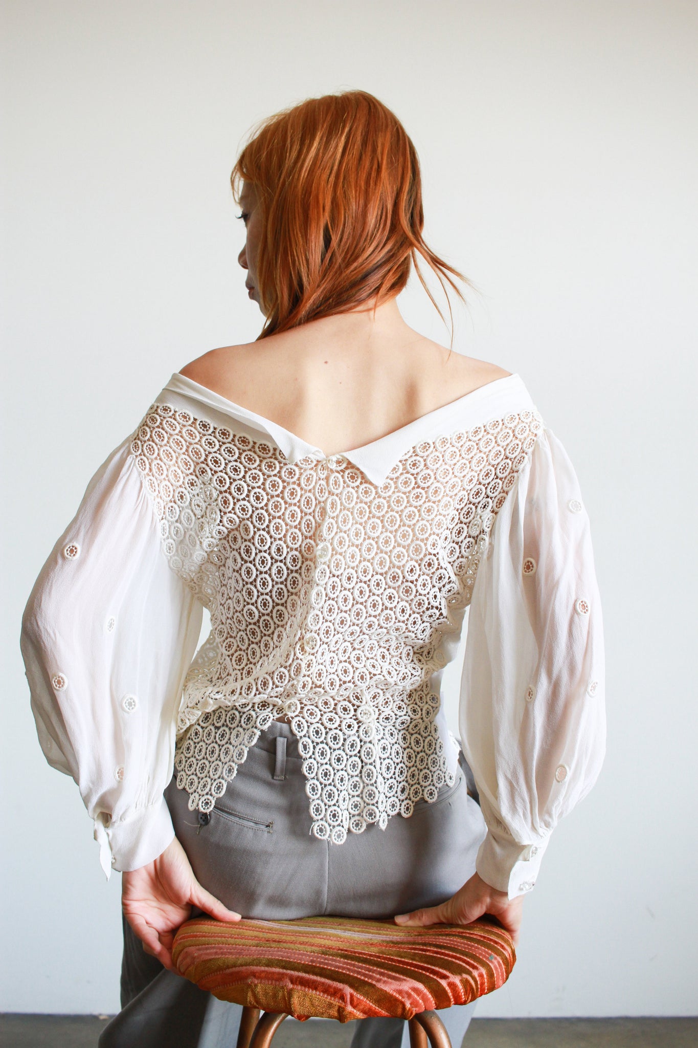 1940s Silk Chiffon Lace Paneled Blouse