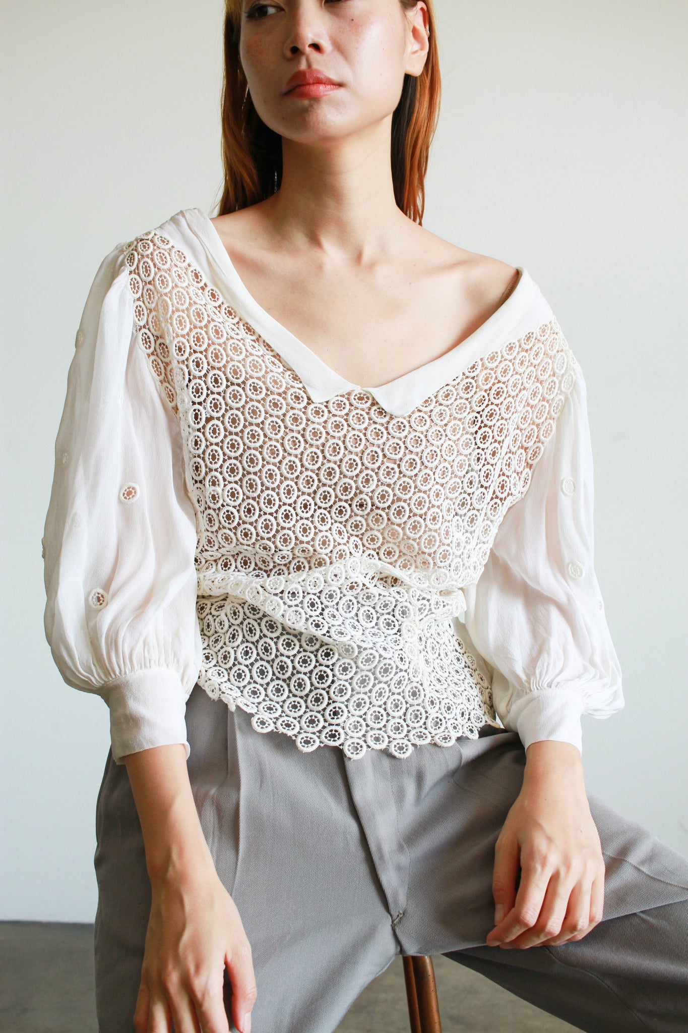 1940s Silk Chiffon Lace Paneled Blouse