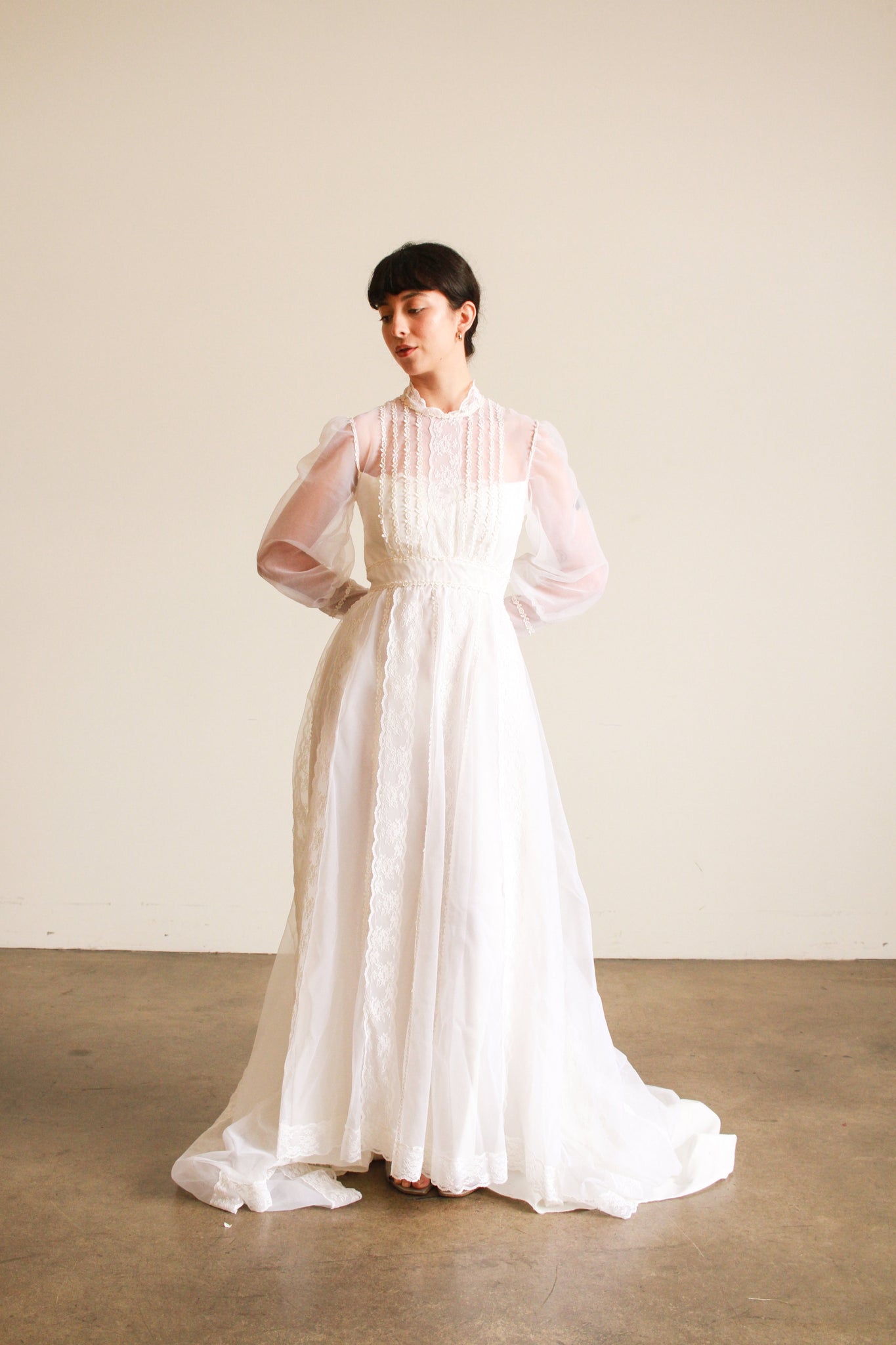 1960s White Balloon Sleeve Pleated Wedding Gown